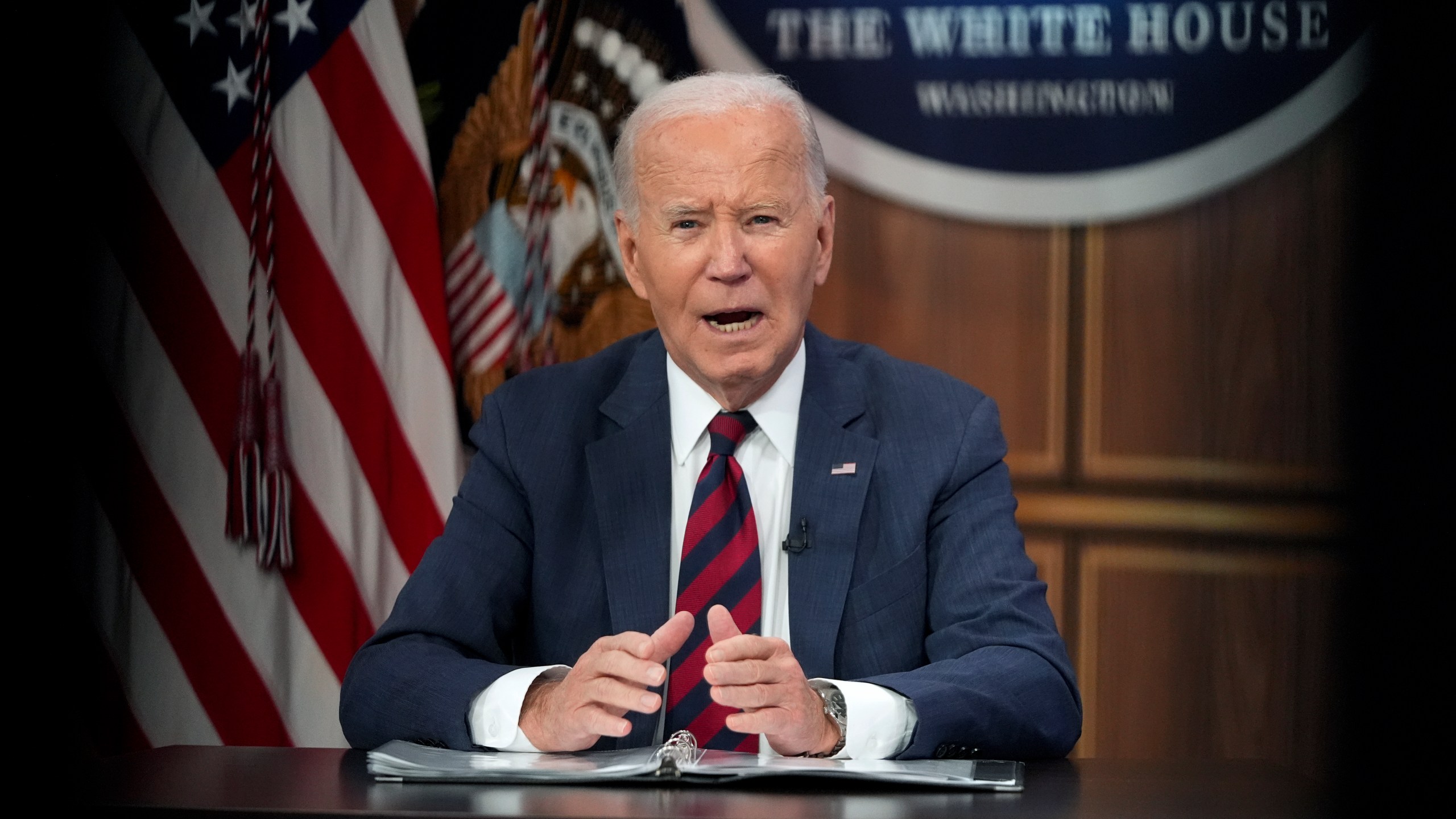 President Joe Biden speaks during a briefing about preparations for Hurricane Milton and the response to Hurricane Helene in the South Court Auditorium on the White House complex in Washington, Wednesday, Oct. 9, 2024. (AP Photo/Mark Schiefelbein)