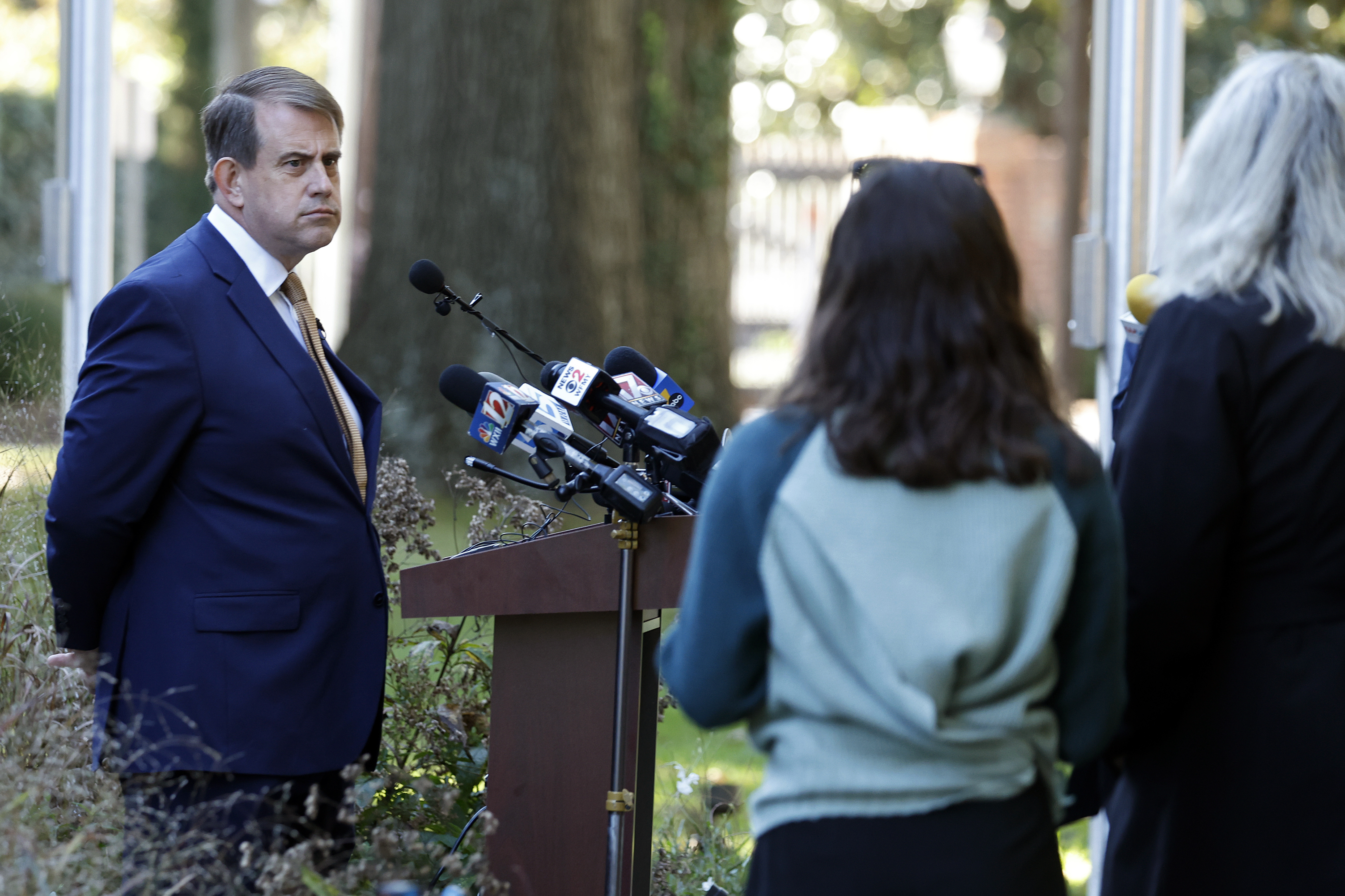 Attorney Jesse Binnall, right speaks at a news conference in Raleigh, N.C., Tuesday, Oct. 15, 2024. (AP Photo/Karl B DeBlaker)