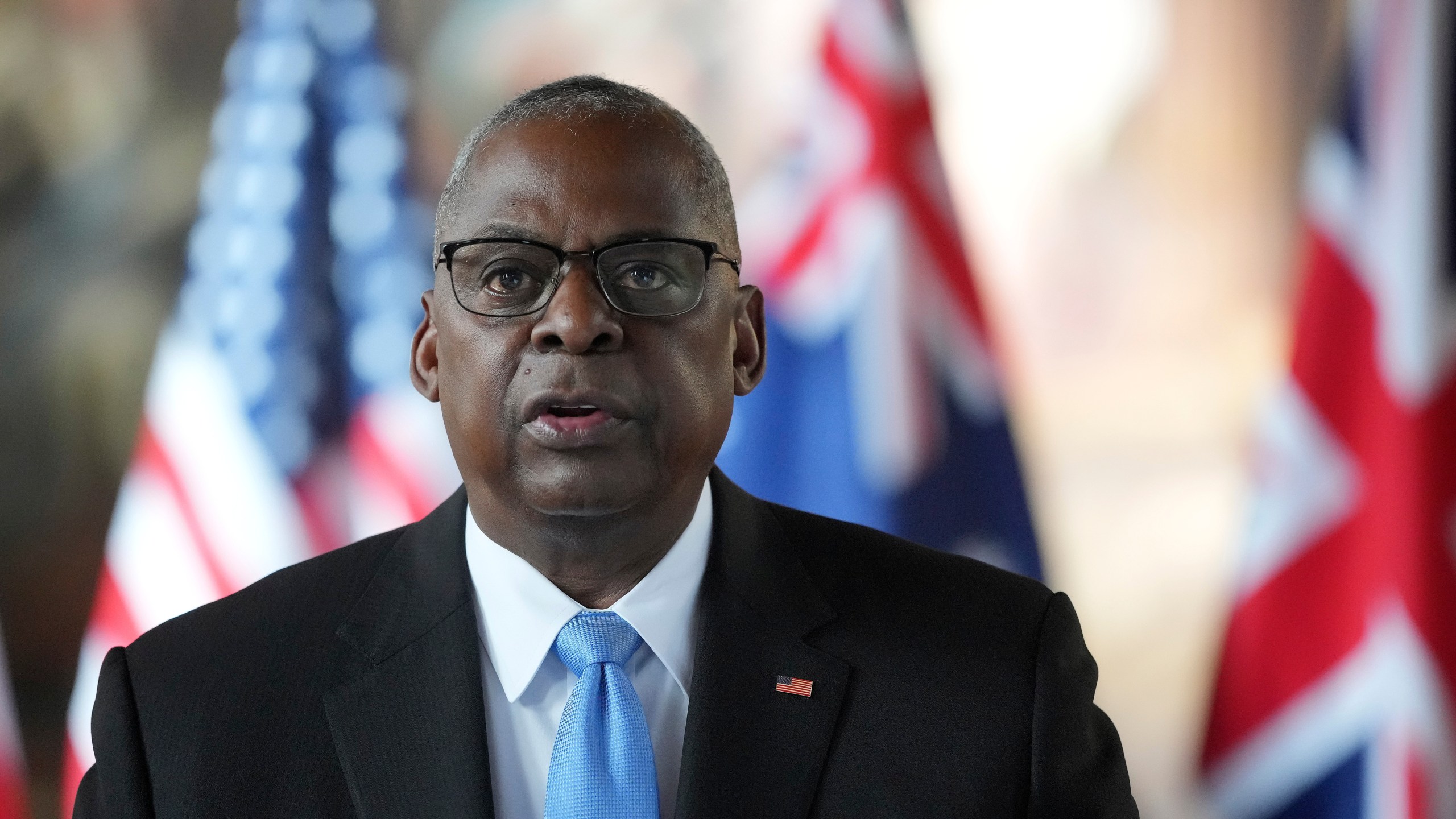 FILE - Secretary of Defense Lloyd Austin speaks in Greenwich, London, Sept. 26, 2024. (AP Photo/Kin Cheung, Pool, File)