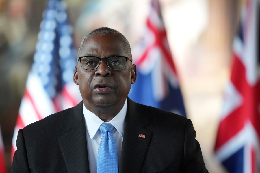 FILE - Secretary of Defense Lloyd Austin speaks in Greenwich, London, Sept. 26, 2024. (AP Photo/Kin Cheung, Pool, File)