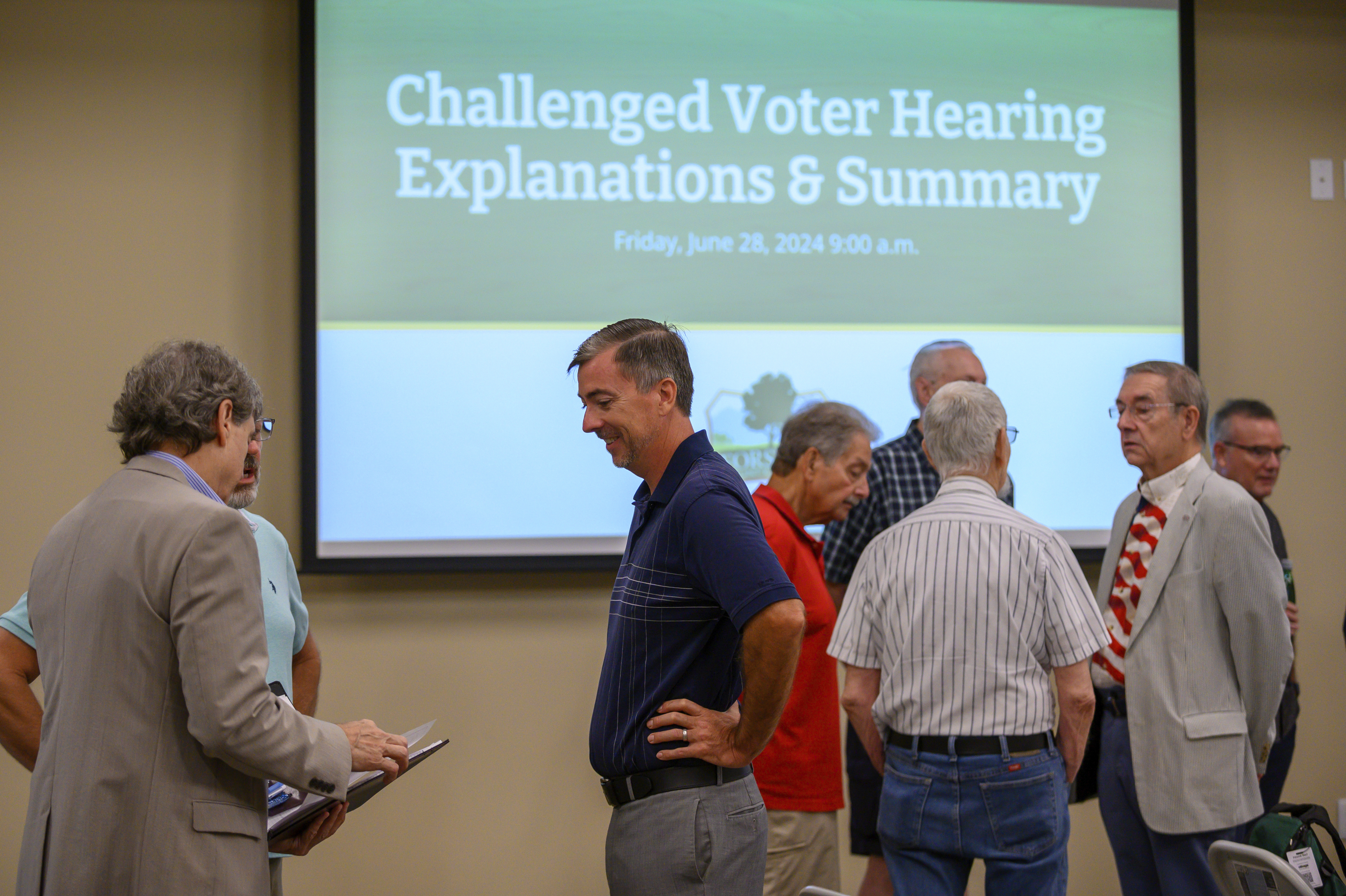 Forsyth election board considers challenges to the eligibility of 800 voters at the Forsyth County Voter Registrar in Cumming, Ga, June 28, 2024. (Jamie Spaar/Atlanta Journal-Constitution via AP)