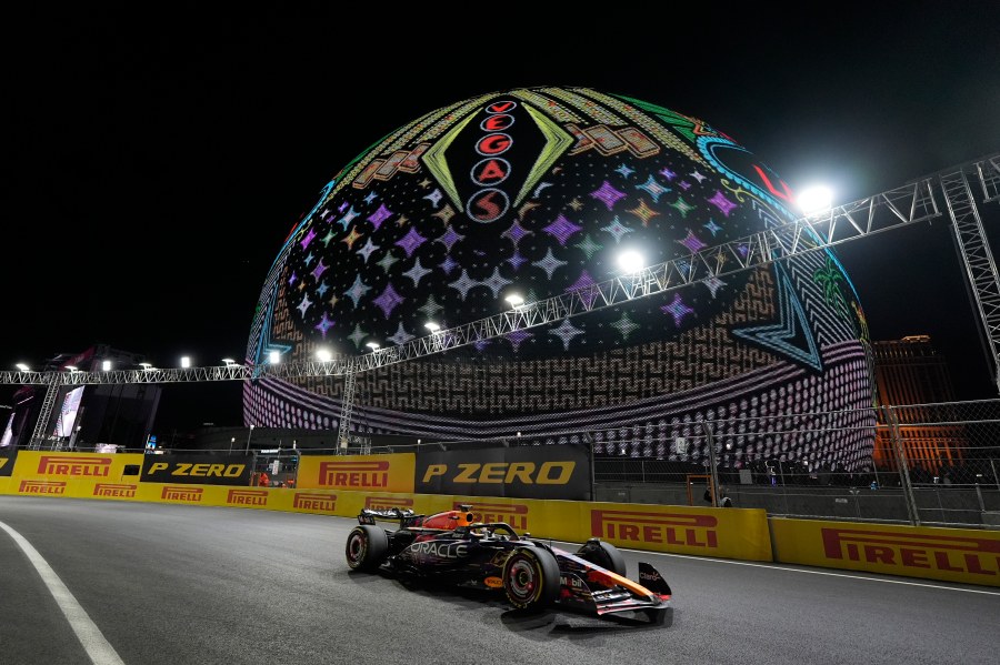 FILE - Red Bull driver Max Verstappen, of the Netherlands, drives past the Sphere during the Formula One Las Vegas Grand Prix auto race, on Nov. 18, 2023, in Las Vegas. (AP Photo/Nick Didlick, File)