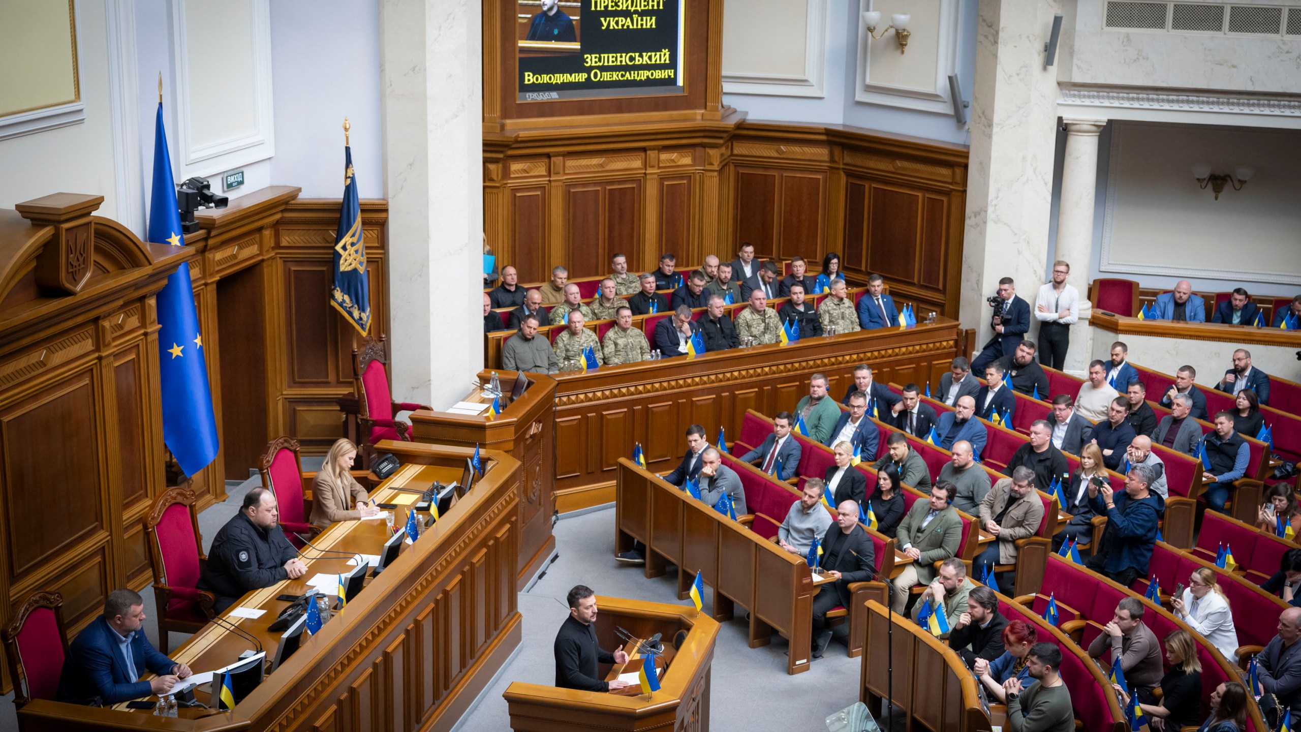 In this photo provided by the Press Service Of The President Of Ukraine on Oct. 16, 2024, Ukraine's President Volodymyr Zelenskyy speaks to parliamentarians at Verkhovna Rada in Kyiv, Ukraine. (Press Service Of The President Of Ukraine via AP)