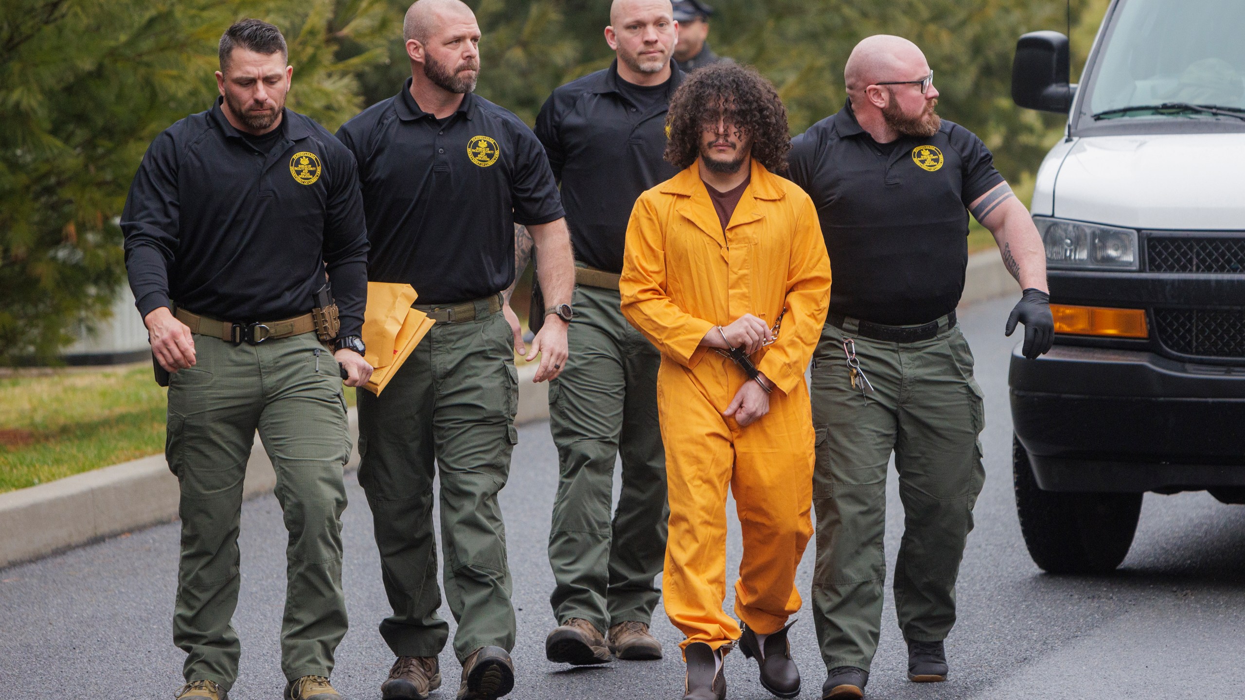 FILE - Danilo Cavalcante escorted by officers with the Pennsylvania Department of Corrections into the Magisterial District Court, Kennett Square, Pa., Feb. 2, 2024. (Alejandro A. Alvarez/The Philadelphia Inquirer via AP, File)