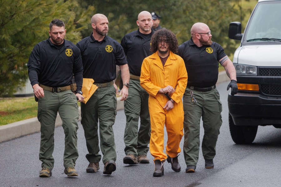 FILE - Danilo Cavalcante escorted by officers with the Pennsylvania Department of Corrections into the Magisterial District Court, Kennett Square, Pa., Feb. 2, 2024. (Alejandro A. Alvarez/The Philadelphia Inquirer via AP, File)