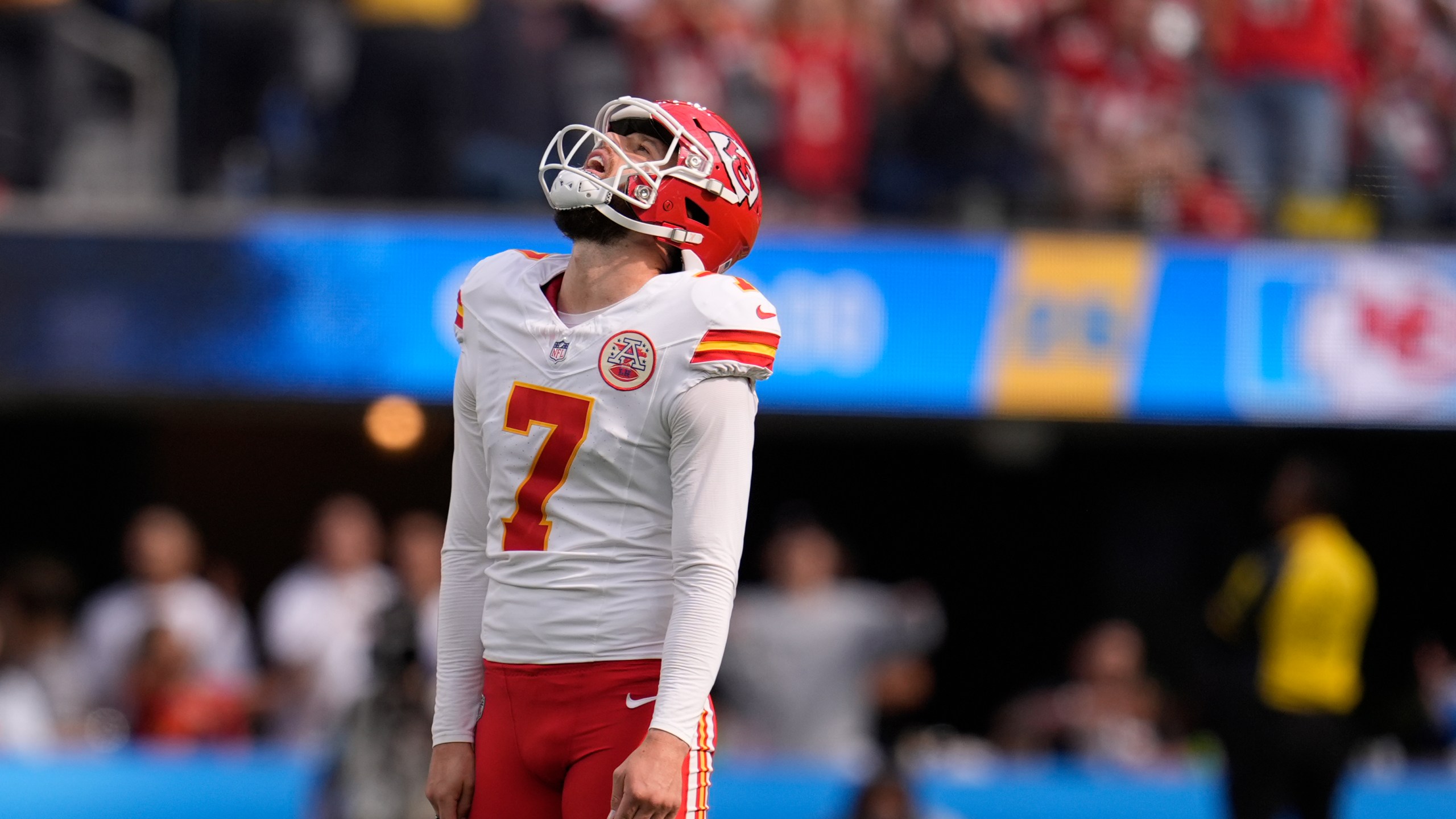 Kansas City Chiefs kicker Harrison Butker reacts after missing a 65-yard field goal attempt during the first half of an NFL football game against the Los Angeles Chargers Sunday, Sept. 29, 2024, in Inglewood, Calif. (AP Photo/Marcio Jose Sanchez)