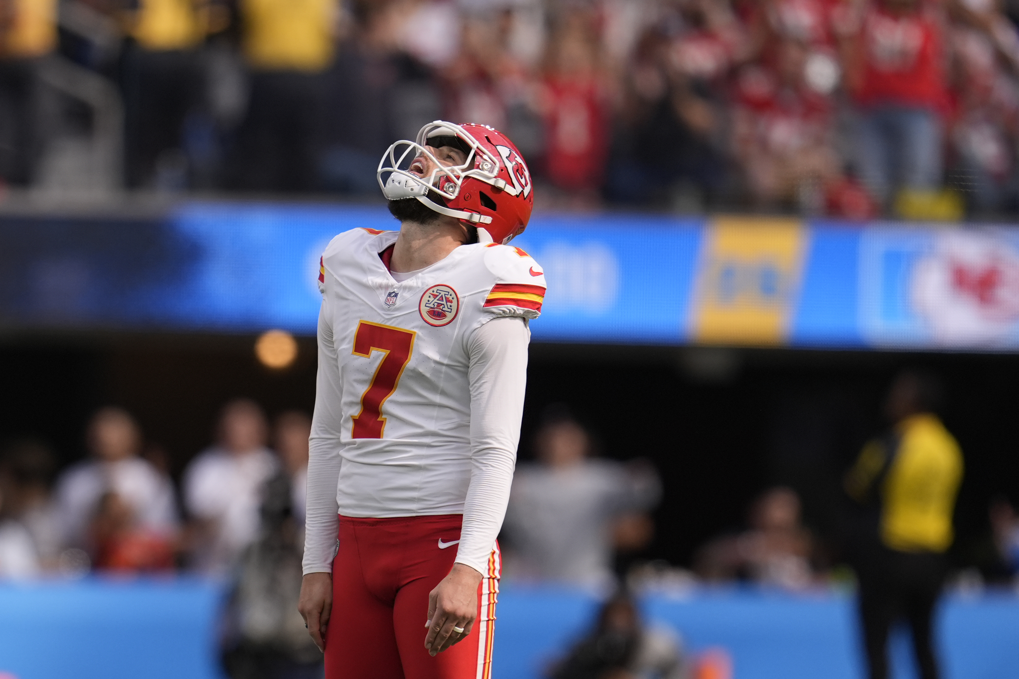 Kansas City Chiefs kicker Harrison Butker reacts after missing a 65-yard field goal attempt during the first half of an NFL football game against the Los Angeles Chargers Sunday, Sept. 29, 2024, in Inglewood, Calif. (AP Photo/Marcio Jose Sanchez)