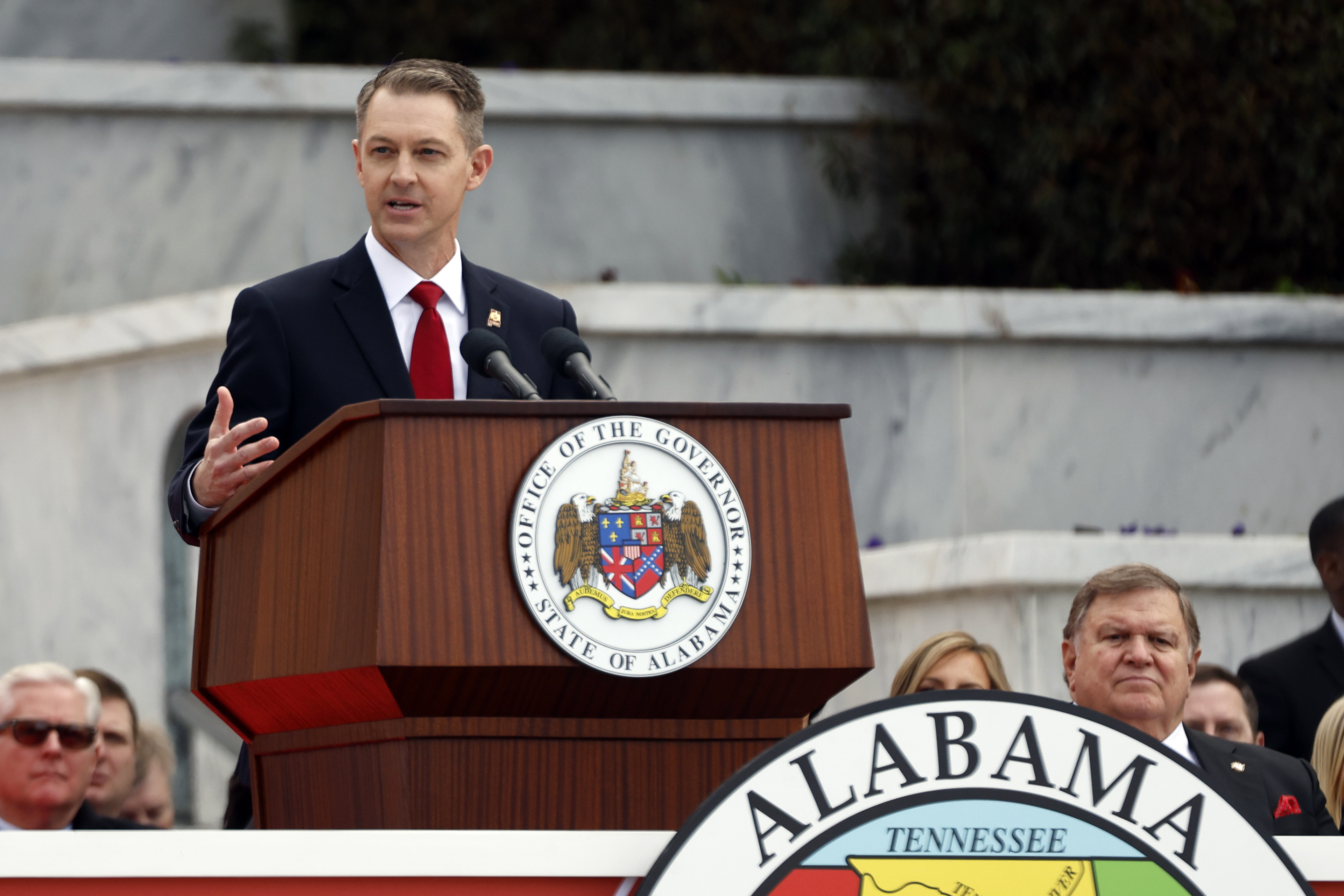 FILE - Alabama Secretary of State, Wes Allen speaks during the inauguration ceremony on the steps of the Alabama State Capital Monday, Jan. 16, 2023 in Montgomery, Ala. (AP Photo/Butch Dill, File)