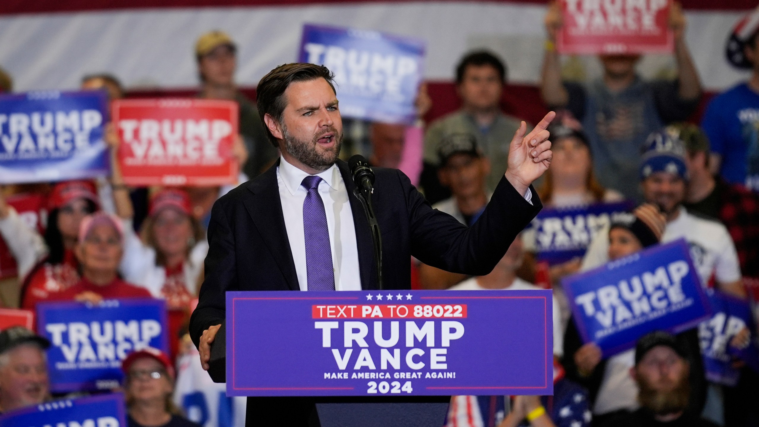 Republican vice presidential nominee Sen. JD Vance, R-Ohio, speaks during a campaign event, Wednesday, Oct. 16, 2024, in Williamsport, Pa. (AP Photo/Matt Rourke)