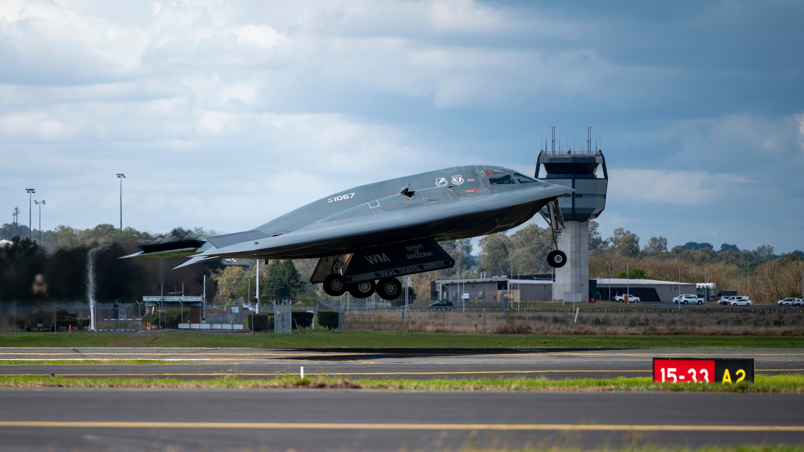 In this photo released by U.S. Air National Guard, a U.S. Air Force B-2 Spirit stealth bomber takes off from a Royal Australian Air Force base in Amberley, Australia, Sept. 11, 2024. U.S. long-range B-2 stealth bombers launched airstrikes early Thursday, Oct. 17, 2024, targeting underground bunkers used by Yemen's Houthi rebels, officials said. (Staff Sgt. Whitney Erhart/U.S. Air National Guard via AP)