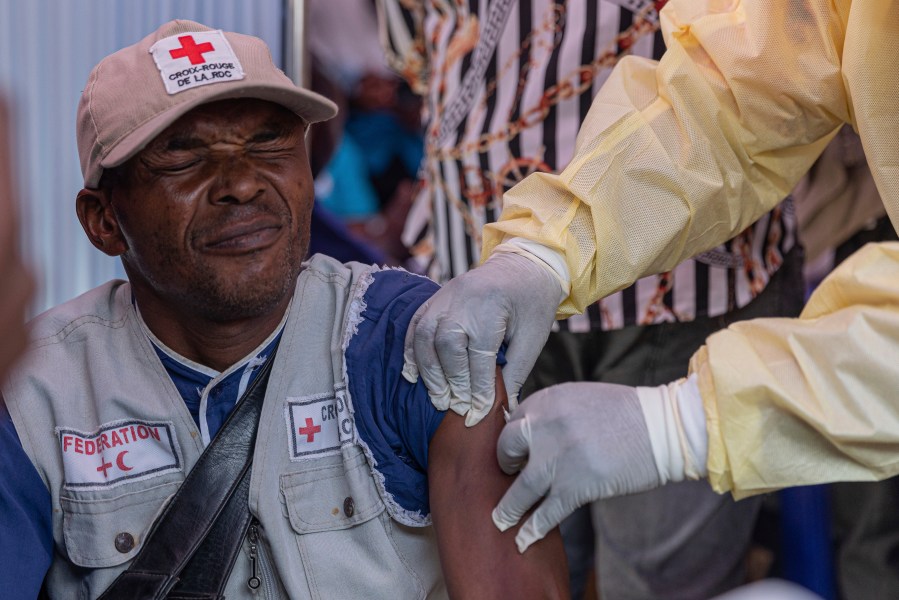 A man receives a vaccination against mpox, at the General hospital, in Goma, Democratic Republic of Congo Saturday, Oct. 5, 2024. (AP Photo/Moses Sawasawa)