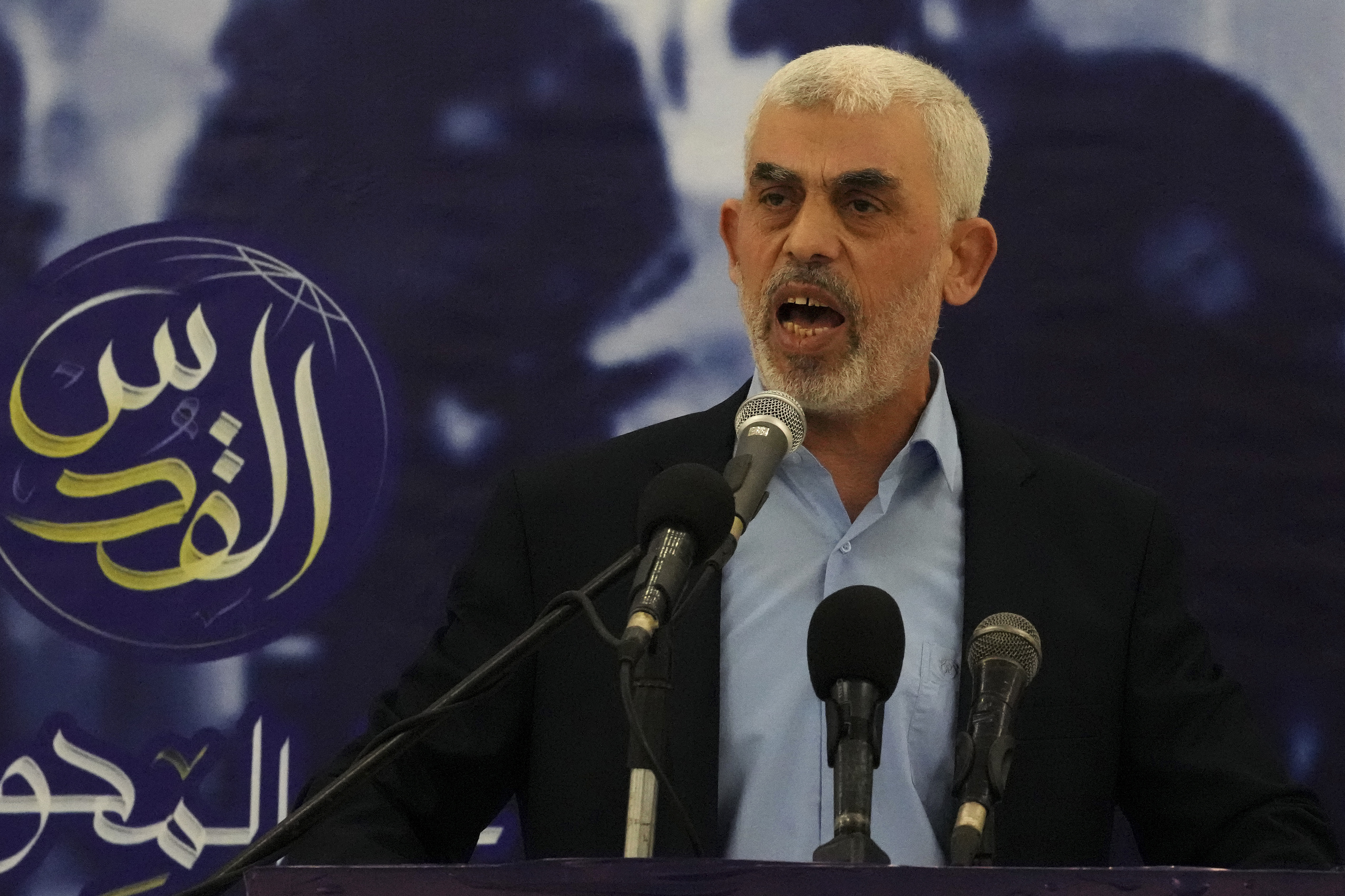 FILE - Yahya Sinwar, head of Hamas in Gaza, delivers a speech during at a hall on the seaside of Gaza City, on April 30, 2022. (AP Photo/Adel Hana)