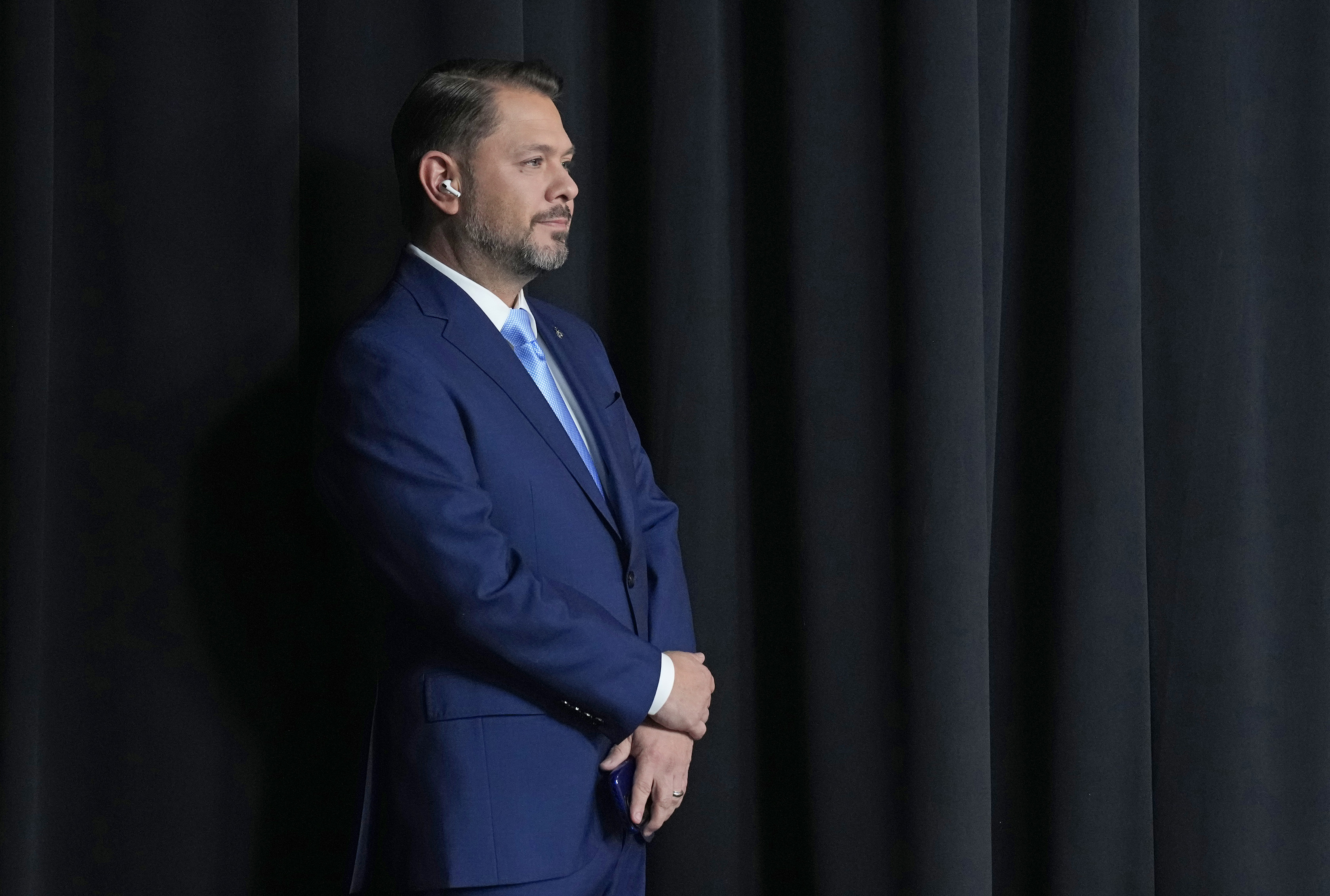 U.S. Senate candidate U.S. Rep. Ruben Gallego, D-Ariz., speaks during a debate with Republican challenger Kari Lake, Wednesday, Oct. 9, 2024, in Phoenix. (Cheryl Evans/Arizona Republic via AP)