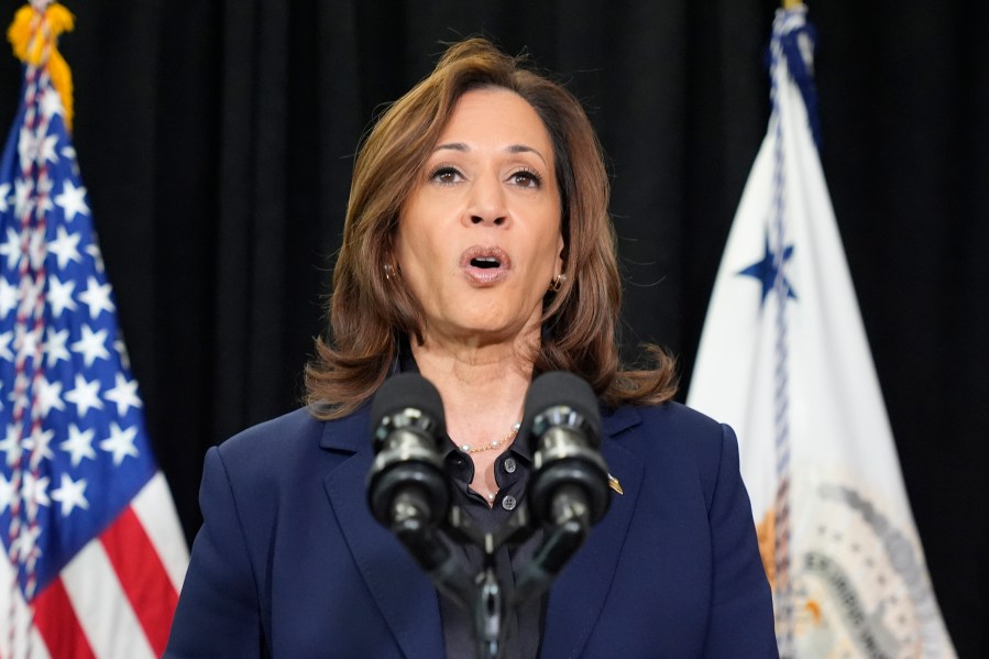 Democratic presidential nominee Vice President Kamala Harris speaks about the killing of Hamas' top leader Yahya Sinwar in a battle with Israeli forces in Gaza, Thursday, Oct. 17, 2024, following a campaign rally at the University of Wisconsin Milwaukee. (AP Photo/Jacquelyn Martin)