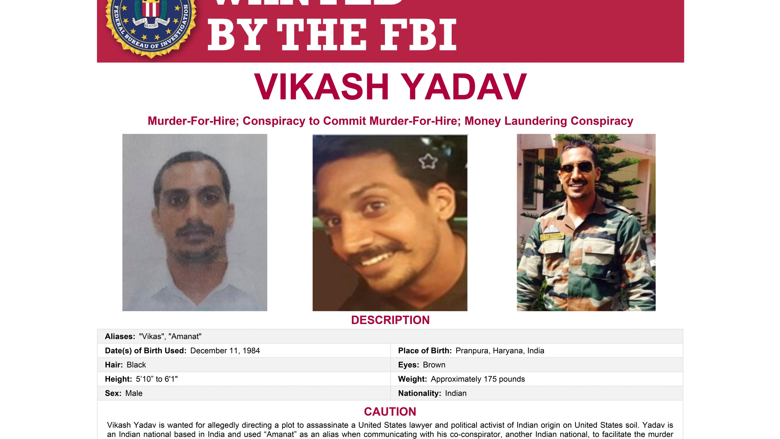 This wanted poster provided by the FBI shows Vikash Yadav, an Indian government employee, wanted on criminal charges in connection with a foiled plot to kill a U.S. citizen in New York City. (FBI via AP)