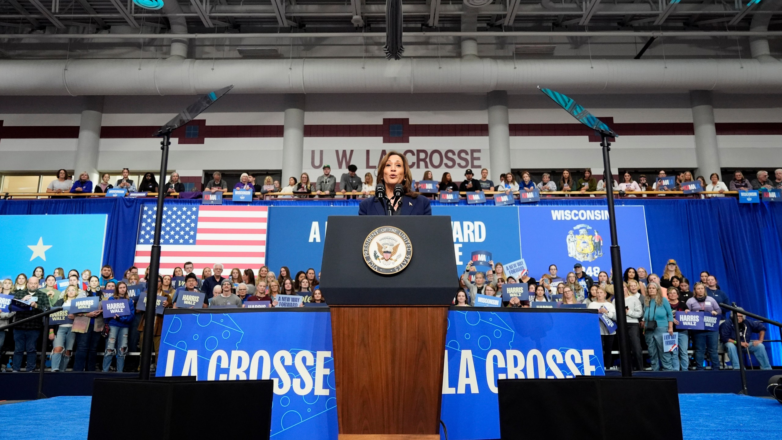 Democratic presidential nominee Vice President Kamala Harris speaks during a campaign rally at the University of Wisconsin La Crosse, in La Crosse, Wis., Thursday, Oct. 17, 2024. (AP Photo/Jacquelyn Martin)