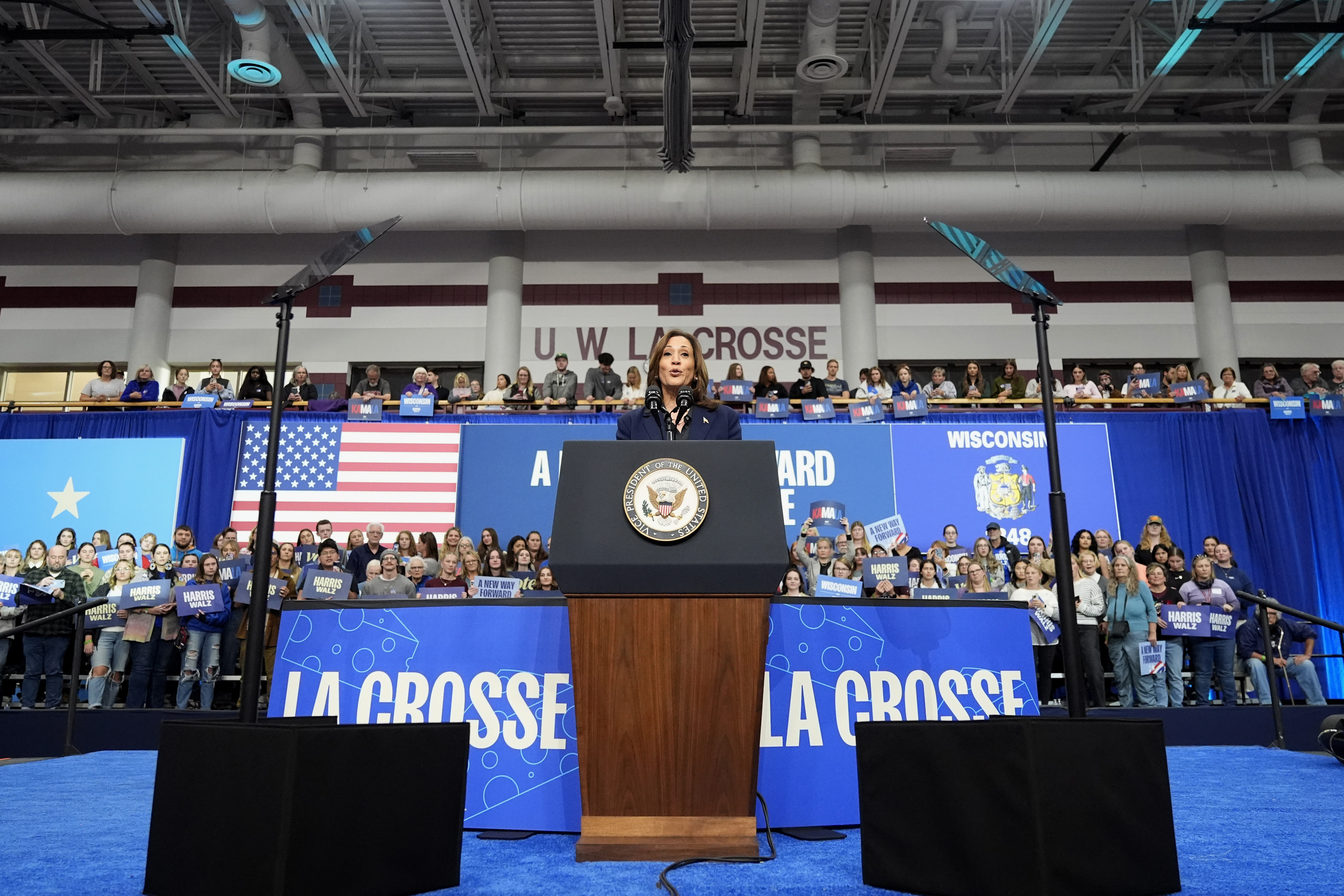 Democratic presidential nominee Vice President Kamala Harris speaks during a campaign rally at the University of Wisconsin La Crosse, in La Crosse, Wis., Thursday, Oct. 17, 2024. (AP Photo/Jacquelyn Martin)