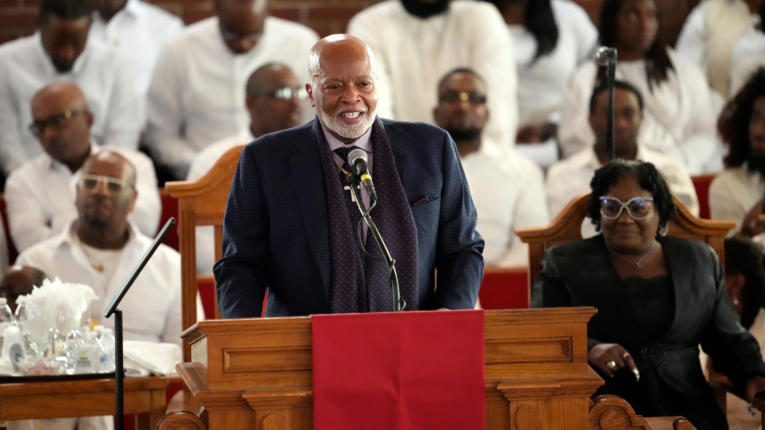 A. Curtis Farrow speaks during a ceremony celebrating the life of Cissy Houston on Thursday, Oct. 17, 2024, at the New Hope Baptist Church in Newark, N.J. (Photo by Charles Sykes/Invision/AP)