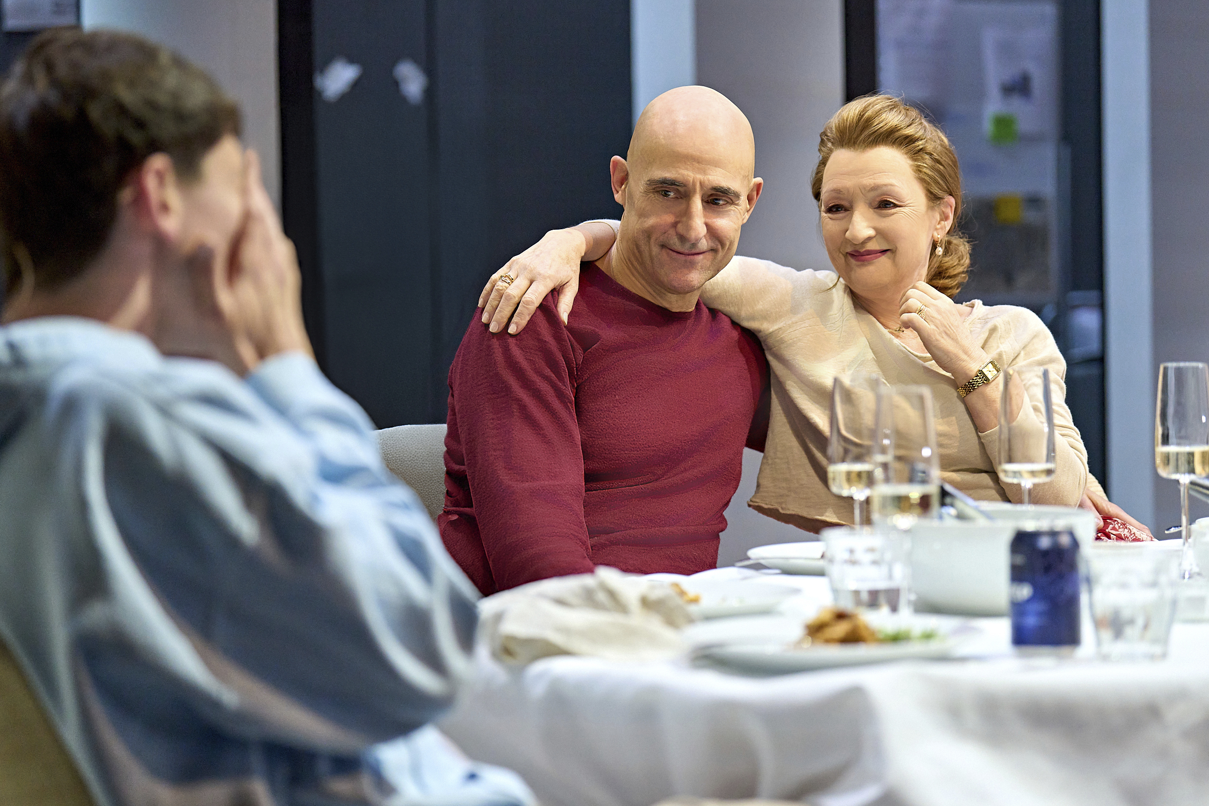 Actors Mark Strong and Lesley Manville, right, perform in the play “Oedipus”, in London in Oct. 2024. (Manuel Harlan, Jo Allen PR via AP)