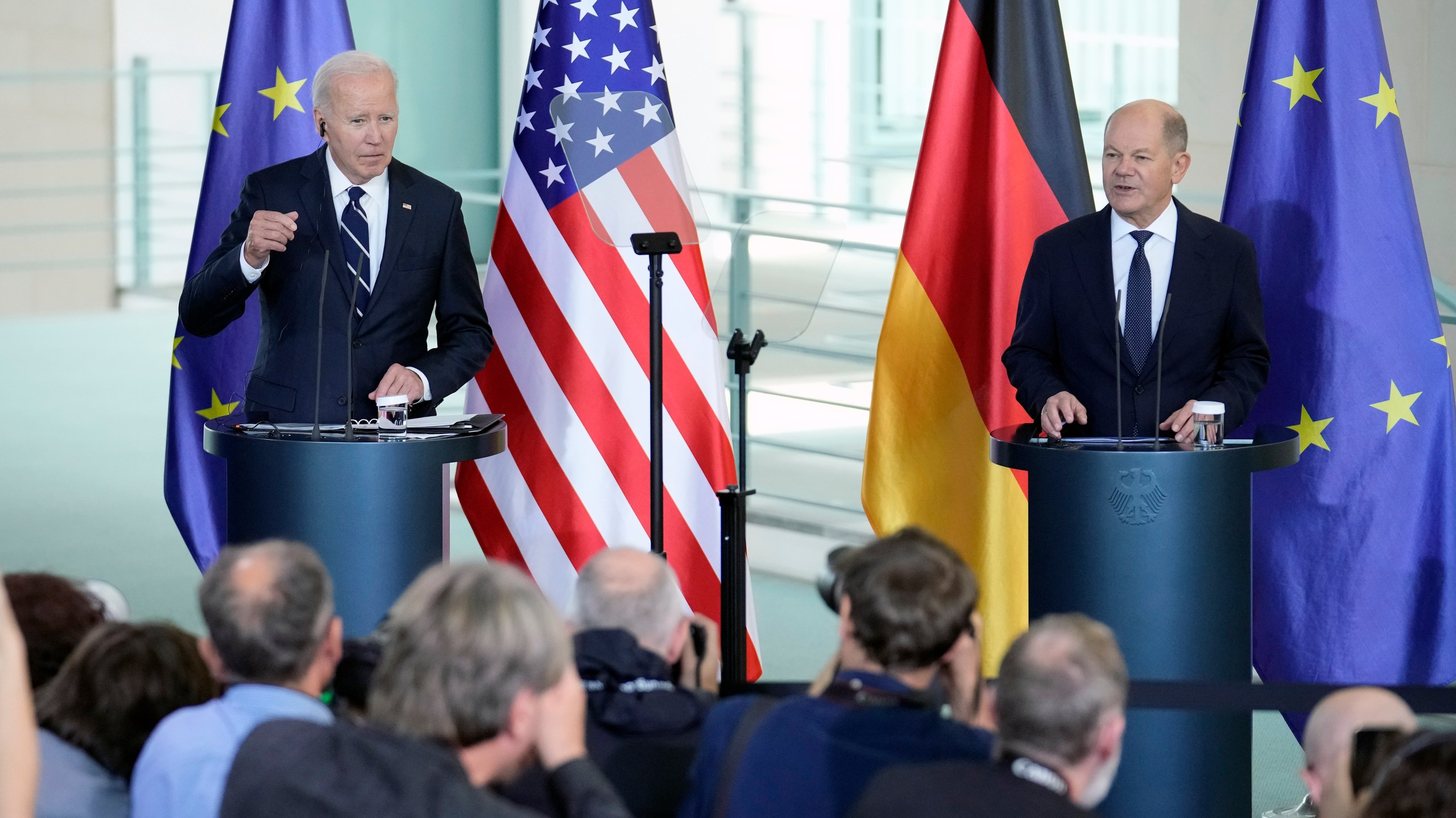 President Joe Biden and German Chancellor Olaf Scholz deliver joint statements to the press at the Chancellery in Berlin, Germany, Friday, Oct. 18, 2024. (AP Photo/Ebrahim Noroozi)