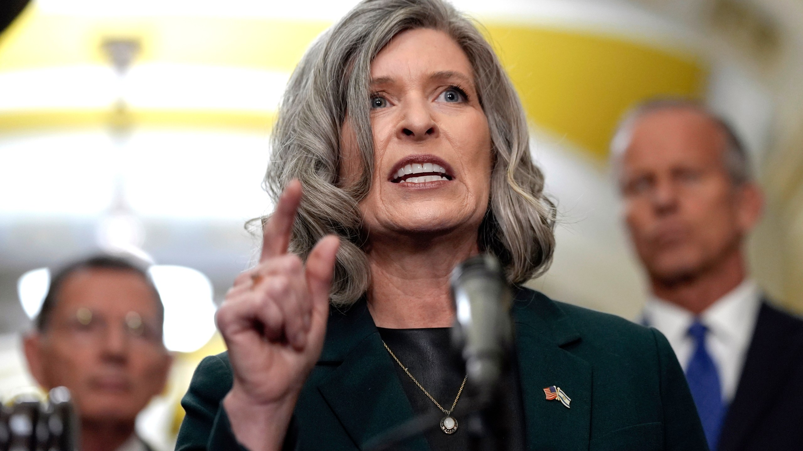 FILE - Sen. Joni Ernst, R-Iowa, talks after a policy luncheon on Capitol Hill, Sept. 24, 2024, in Washington. (AP Photo/Mariam Zuhaib, File)