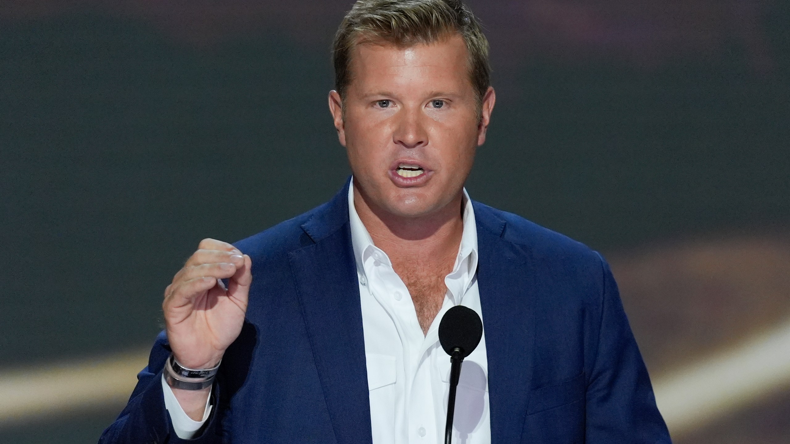 FILE - Tim Sheehy speaking during the second day of the Republican National Convention, July 16, 2024, in Milwaukee. (AP Photo/J. Scott Applewhite, File)