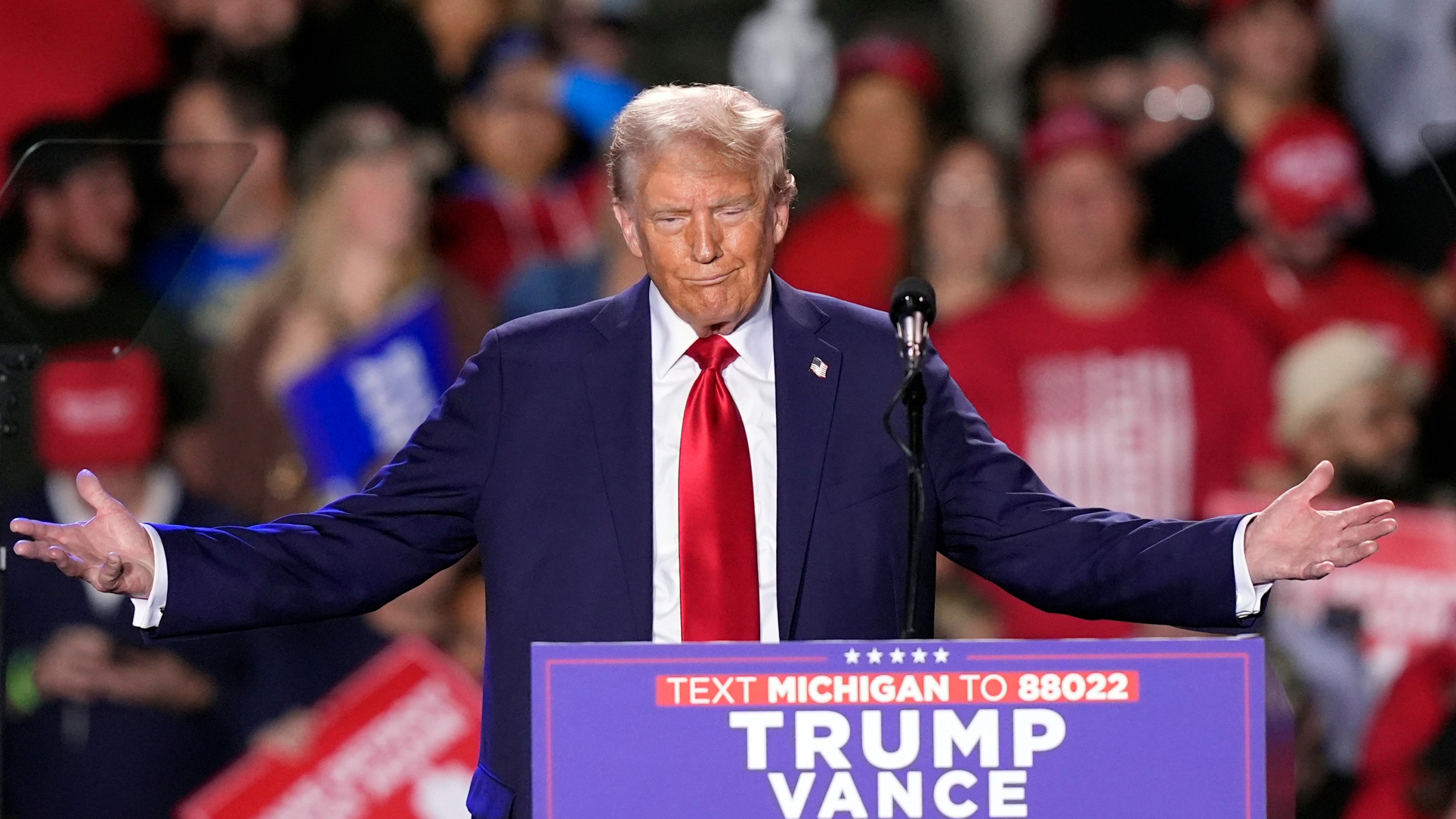 Republican presidential nominee former President Donald Trump speaks during a campaign event, Friday, Oct. 18, 2024 in Detroit. (AP Photo/Carlos Osorio)