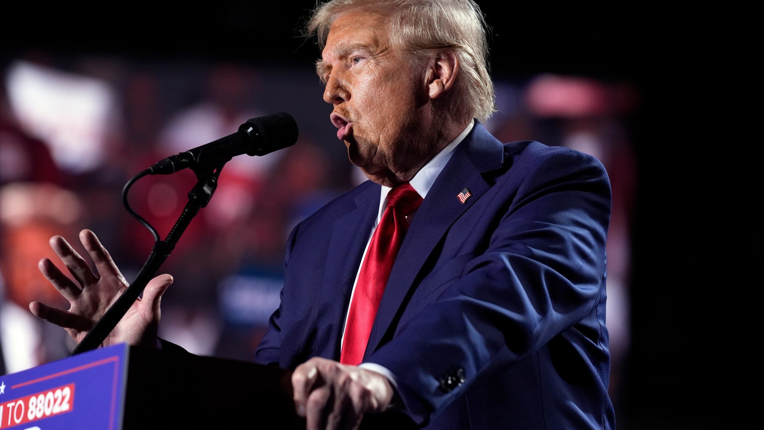 Republican presidential nominee former President Donald Trump speaks at a campaign rally, Friday, Oct. 18, 2024, in Detroit. (AP Photo/Evan Vucci)