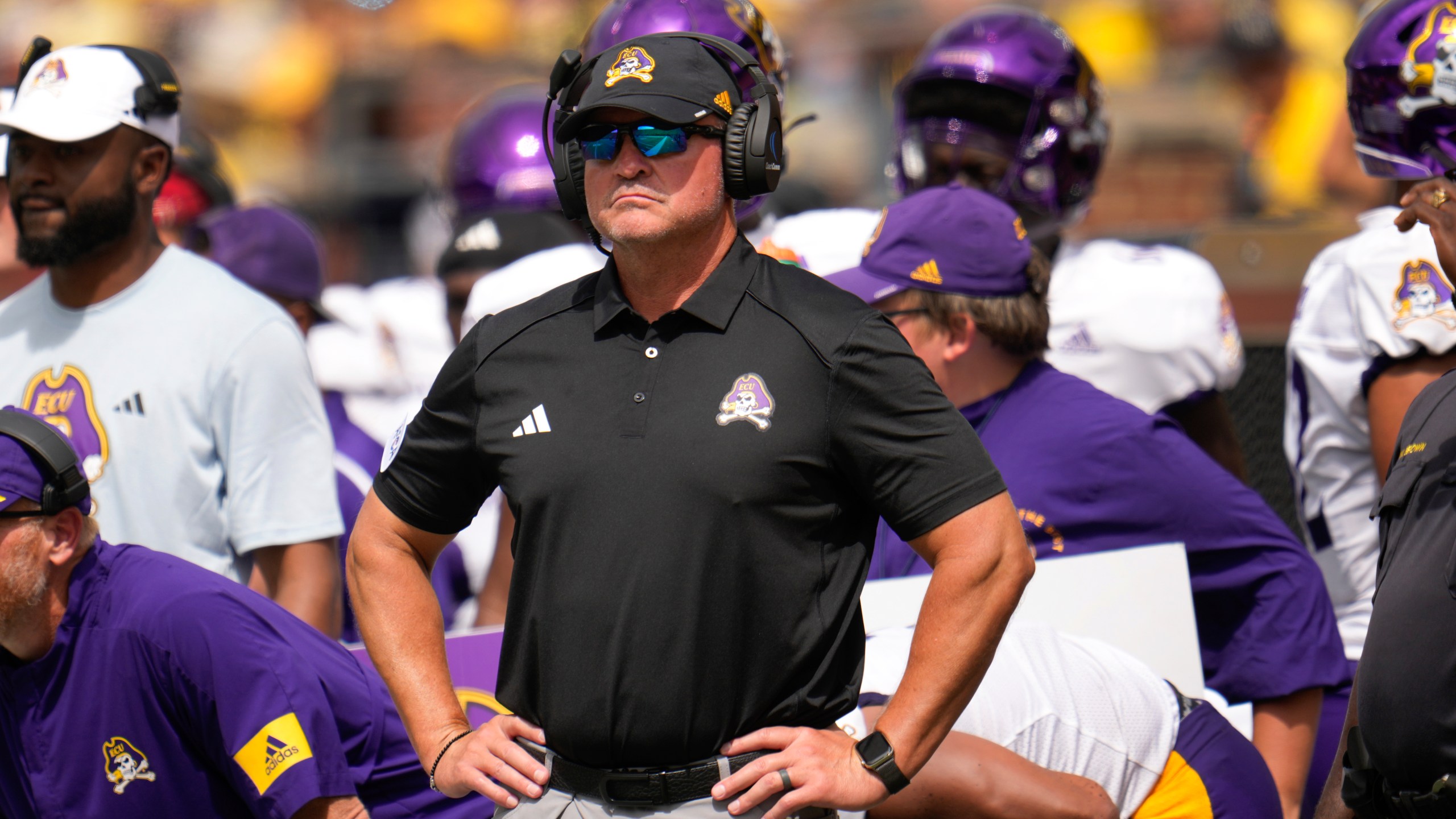 FILE - East Carolina head coach Mike Houston watches against Michigan in the second half of an NCAA college football game in Ann Arbor, Mich., Saturday, Sept. 2, 2023. (AP Photo/Paul Sancya, File)