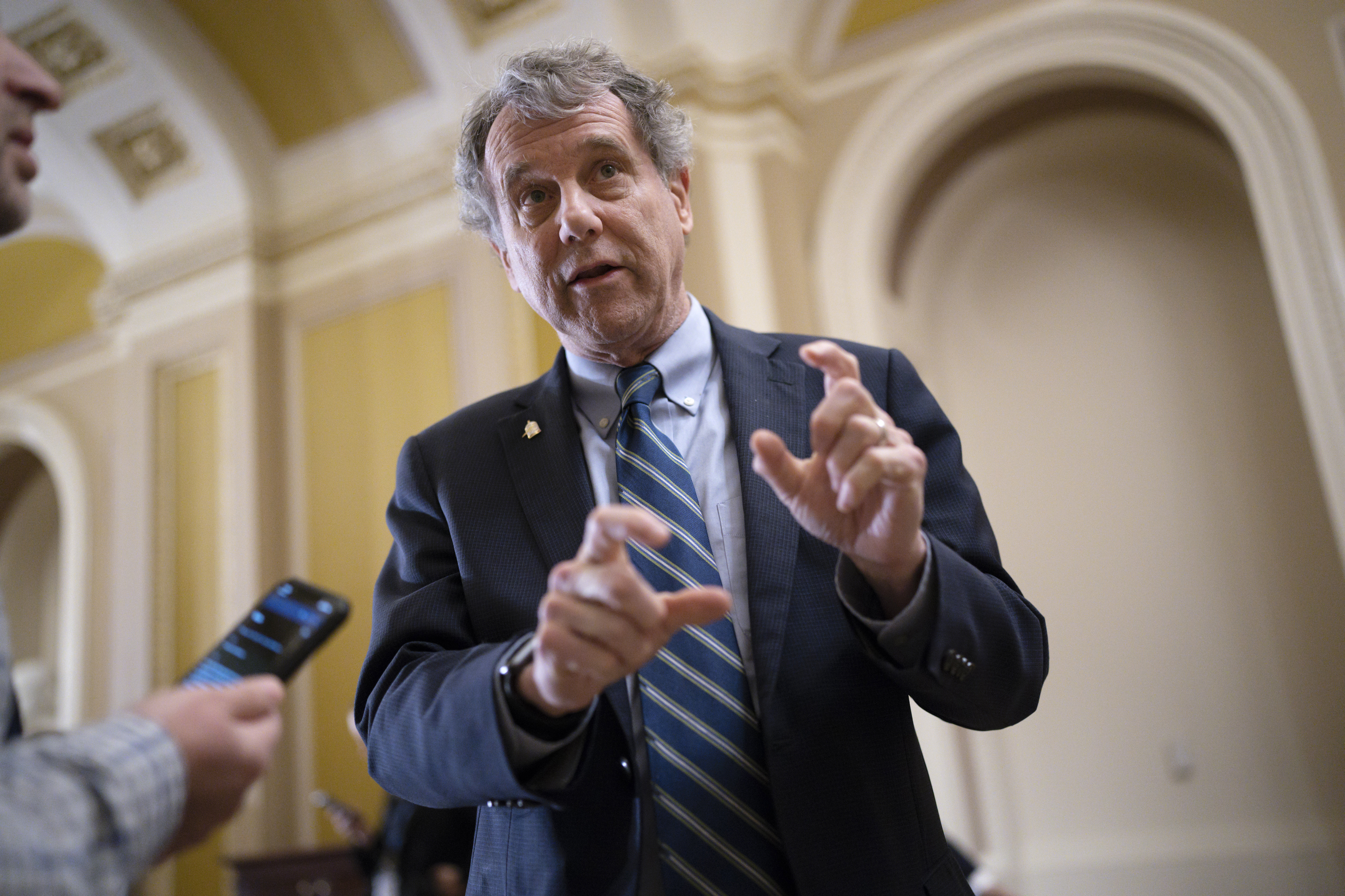 FILE - Senate Banking Committee Chairman Sherrod Brown, D-Ohio, speaks with reporters at the Capitol in Washington, March 15, 2023. (AP Photo/J. Scott Applewhite, File)