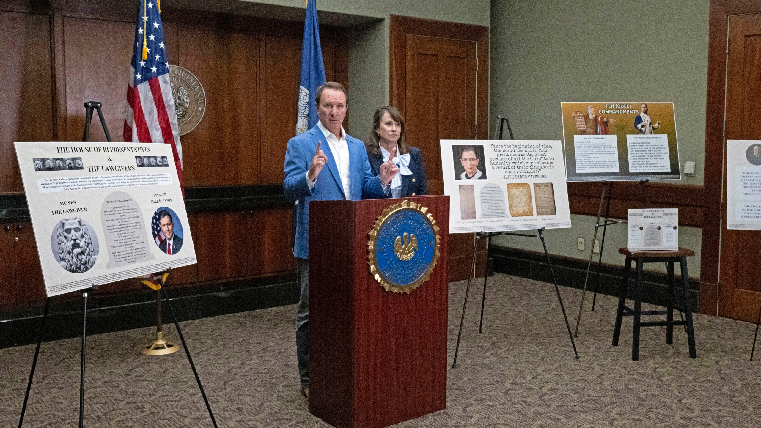 FILE - Louisiana Gov. Jeff Landry speaks alongside Louisiana Attorney General Liz Murrill during a press conference regarding the Ten Commandments in schools, Aug. 5, 2024, in Baton Rouge, La. (Hilary Scheinuk/The Advocate via AP, File)