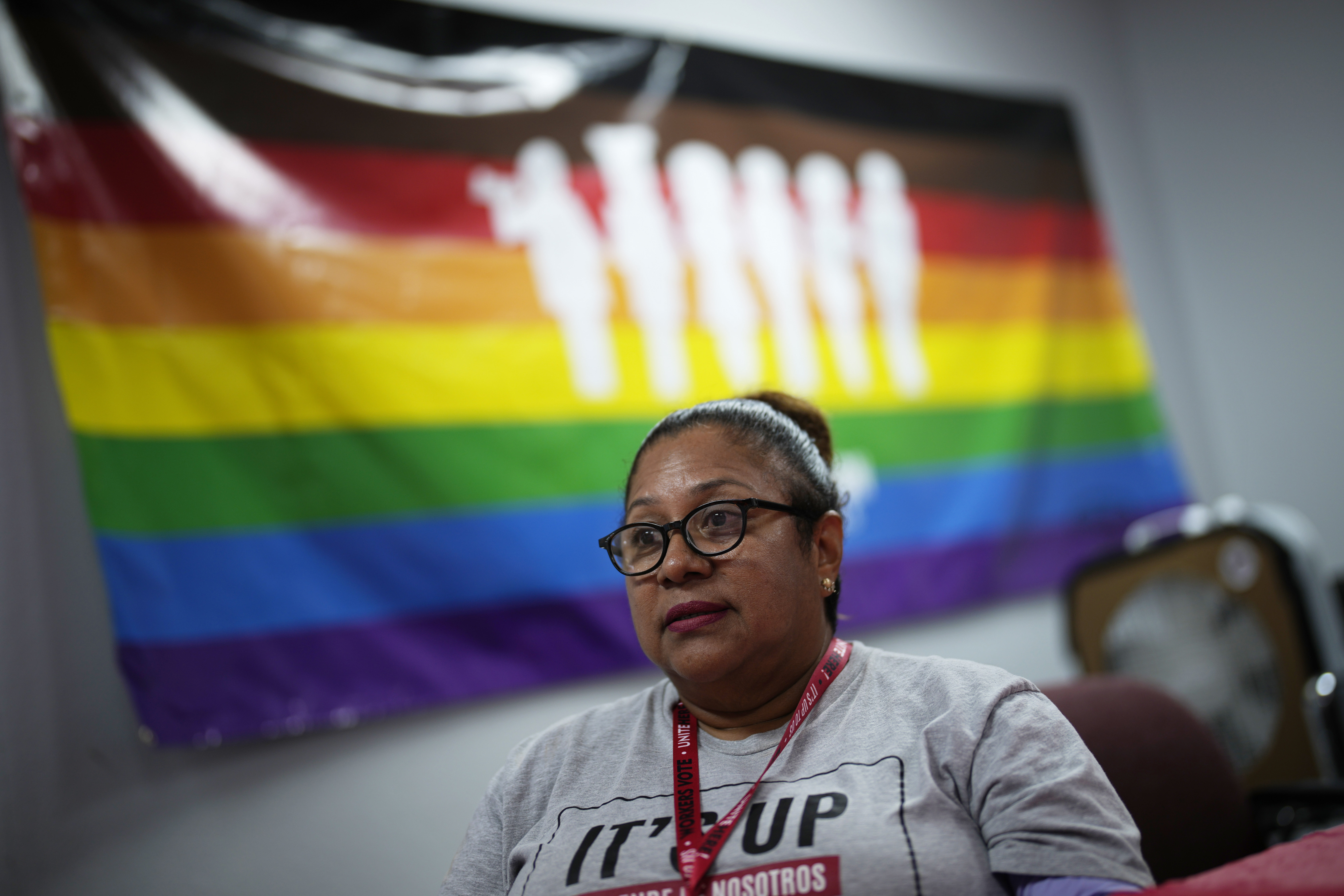 Florisela Lopez Rivera speaks with the Associated Press at the Culinary Workers Union, Tuesday, Sept. 10, 2024, in Las Vegas. Originally from El Salvador, Lopez Rivera recently gained permanent U.S. residency. (AP Photo/John Locher)