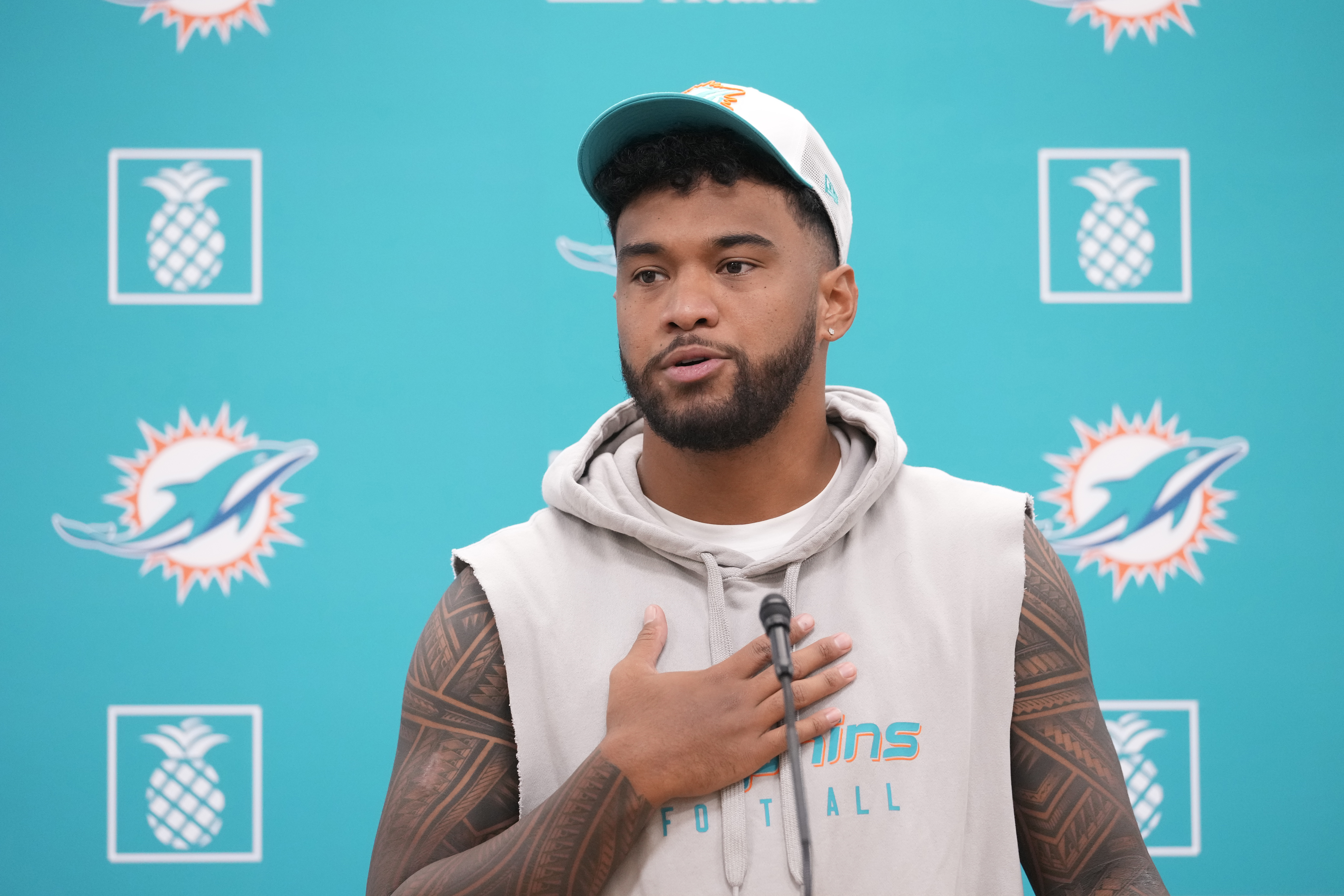 Miami Dolphins quarterback Tua Tagovailoa speaks during an NFL football news conference, Monday, Oct. 21, 2024, at the Dolphins training facility in Miami Gardens, Fla. (AP Photo/Wilfredo Lee)