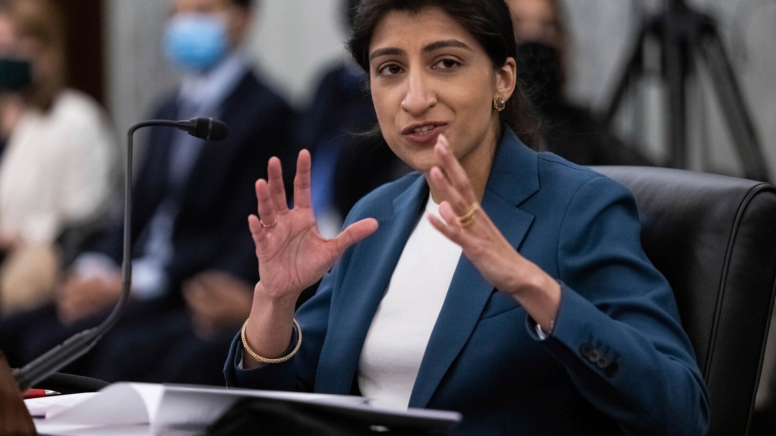 FILE - Lina Khan, then the nominee for Commissioner of the Federal Trade Commission (FTC), speaks a confirmation hearing, April 21, 2021, on Capitol Hill in Washington. (Graeme Jennings/Washington Examiner via AP, Pool, File)