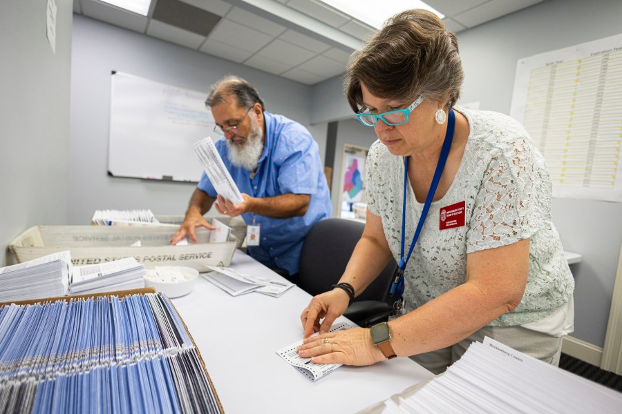 FILE - Dawn Stephens, right, and Duane Taylor prepare ballots to be mailed at the Mecklenburg County Board of Elections in Charlotte, N.C., Sept. 5, 2024. (AP Photo/Nell Redmond, File)