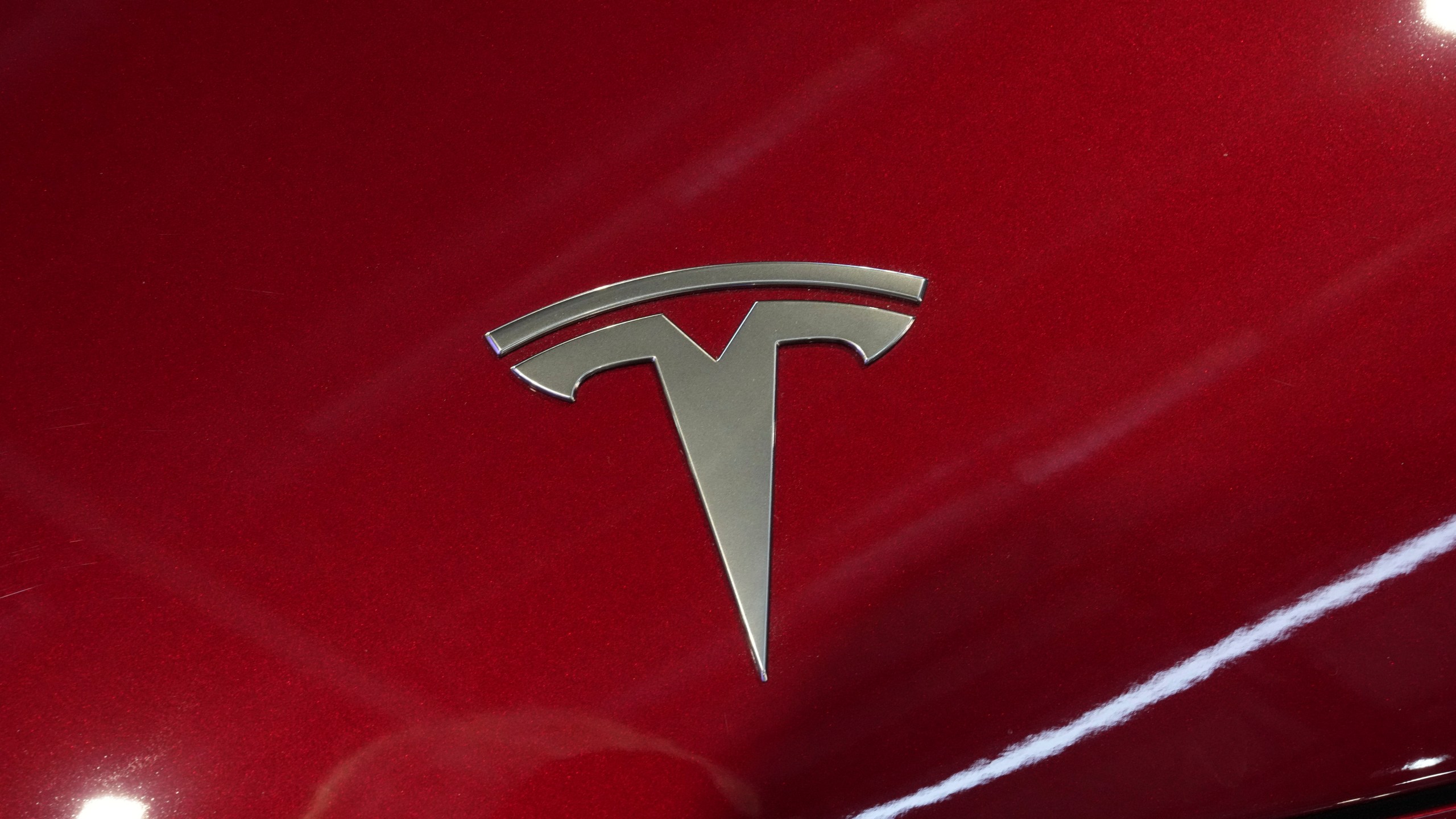 The logo of Tesla car is pictured at the Paris Auto Show, in Paris, Monday, Oct. 14, 2024. (AP Photo/Michel Euler)