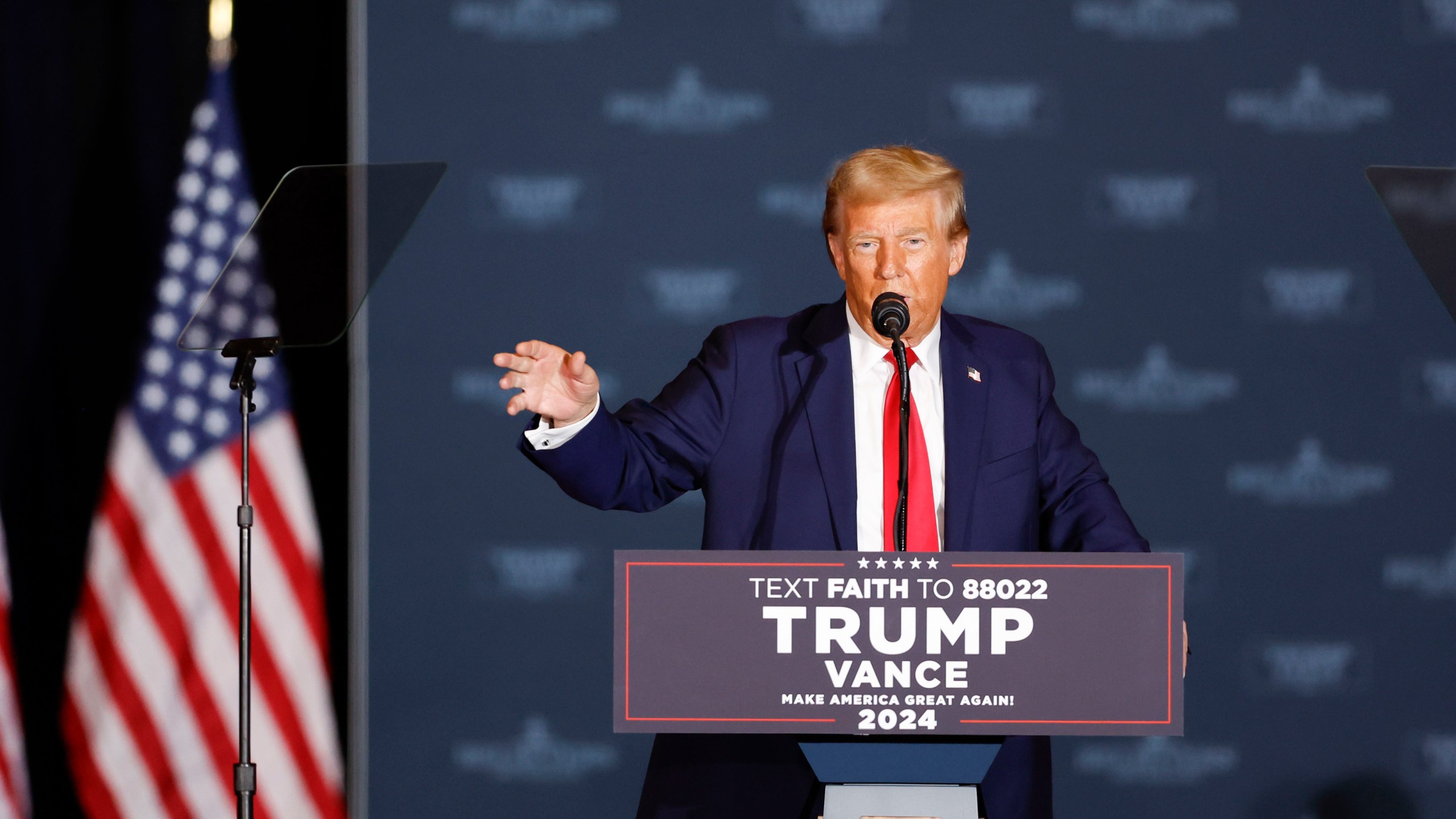 Republican presidential nominee former President Donald Trump speaks at a campaign rally in Concord, N.C., Monday, Oct. 21, 2024. (AP Photo/Nell Redmond)