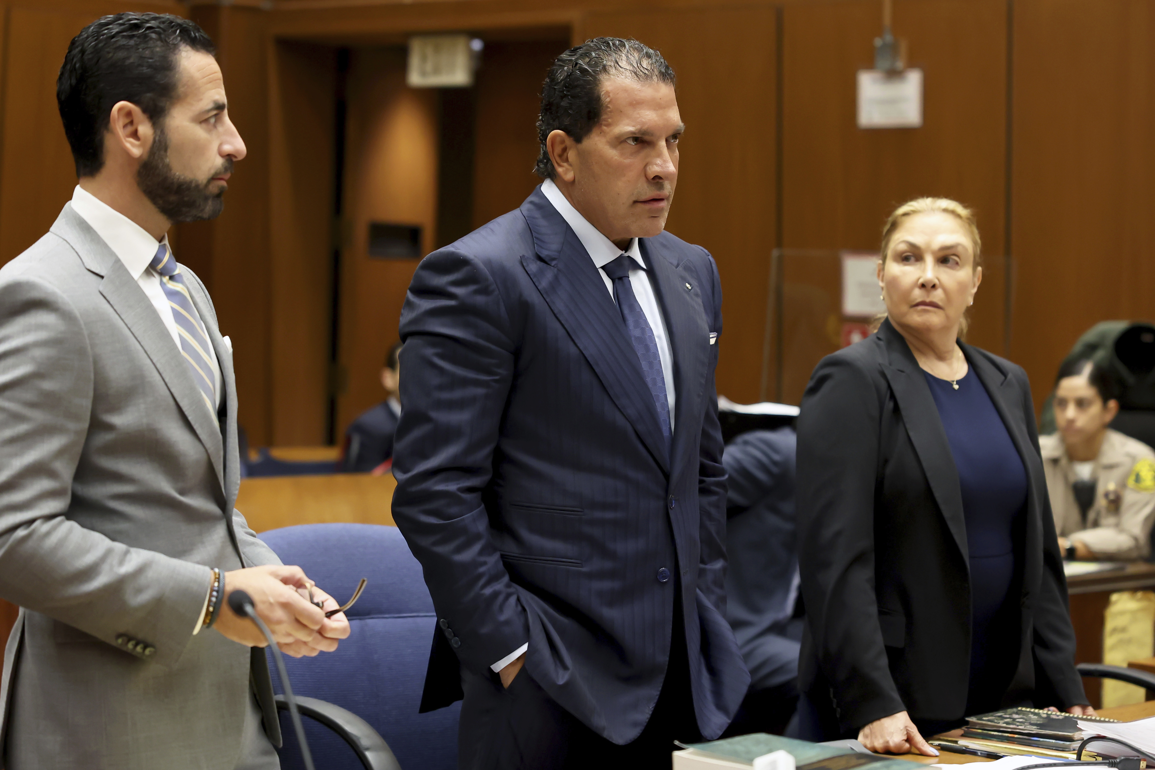 Defense attorneys, from left, Chad Seigel, Joe Tacopina, and Sara Caplan, speak during a pretrial conference for A$AP Rocky, also known as Rakim Mayers, at Clara Shortridge Foltz Criminal Justice Center on Tuesday, Oct. 22, 2024 in Los Angeles. (Amy Sussman/Getty Images via AP, Pool)