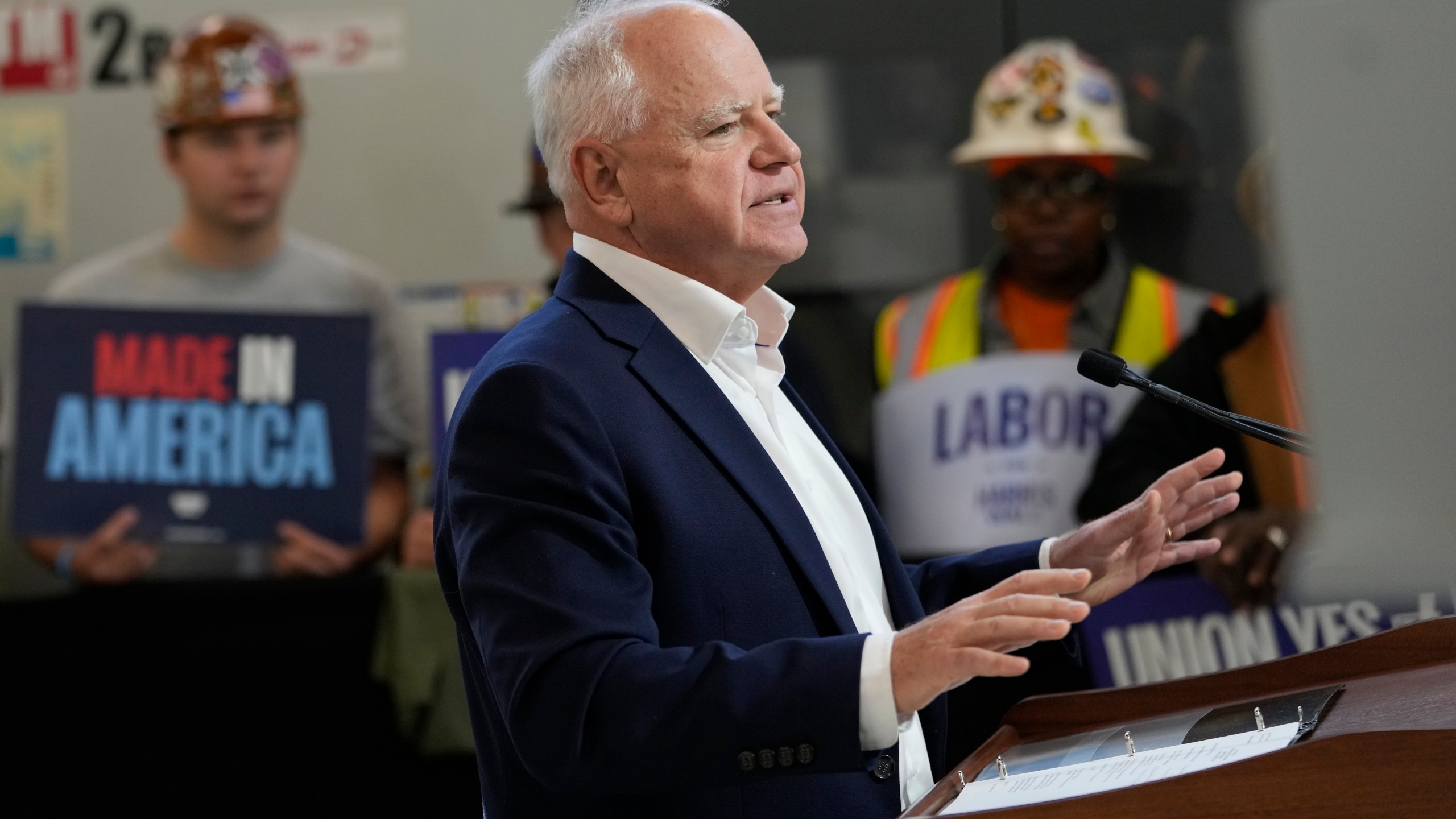 Democratic vice presidential nominee Minnesota Gov. Tim Walz speaks during a campaign event, Friday, Oct. 11, 2024, in Warren, Mich. (AP Photo/Carlos Osorio)