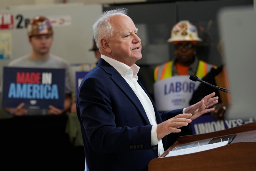 Democratic vice presidential nominee Minnesota Gov. Tim Walz speaks during a campaign event, Friday, Oct. 11, 2024, in Warren, Mich. (AP Photo/Carlos Osorio)