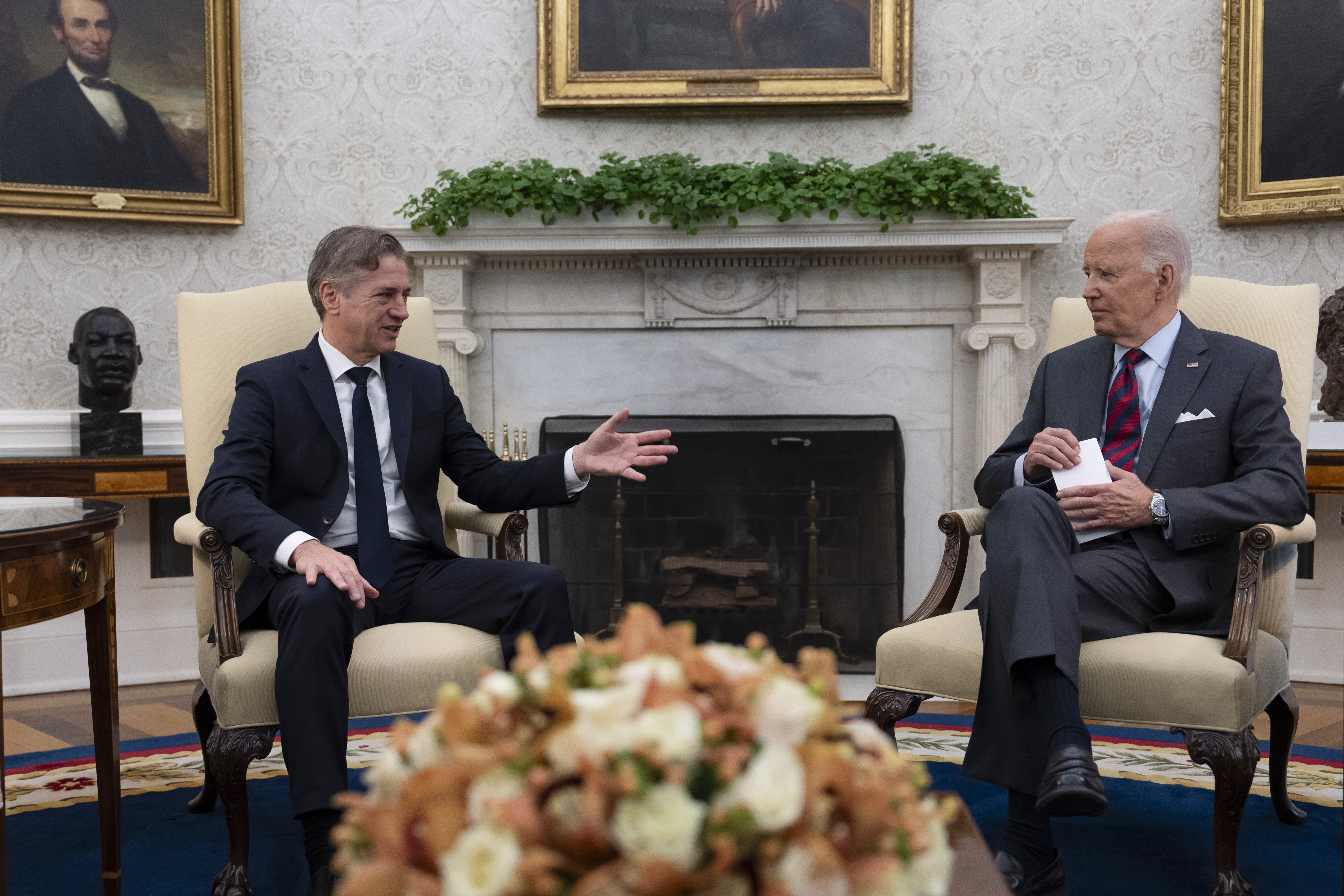 President Joe Biden meets with Slovenia's Prime Minister Robert Golob, left, in the Oval Office of the White House in Washington, Tuesday, Oct. 22, 2024. (AP Photo/Ben Curtis)