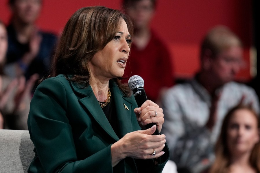 President Kamala Harris speaks during a town hall at Sharon Lynne Wilson Center for the Arts in Brookfield, Wisc., Monday, Oct. 21, 2024. (AP Photo/Jacquelyn Martin)