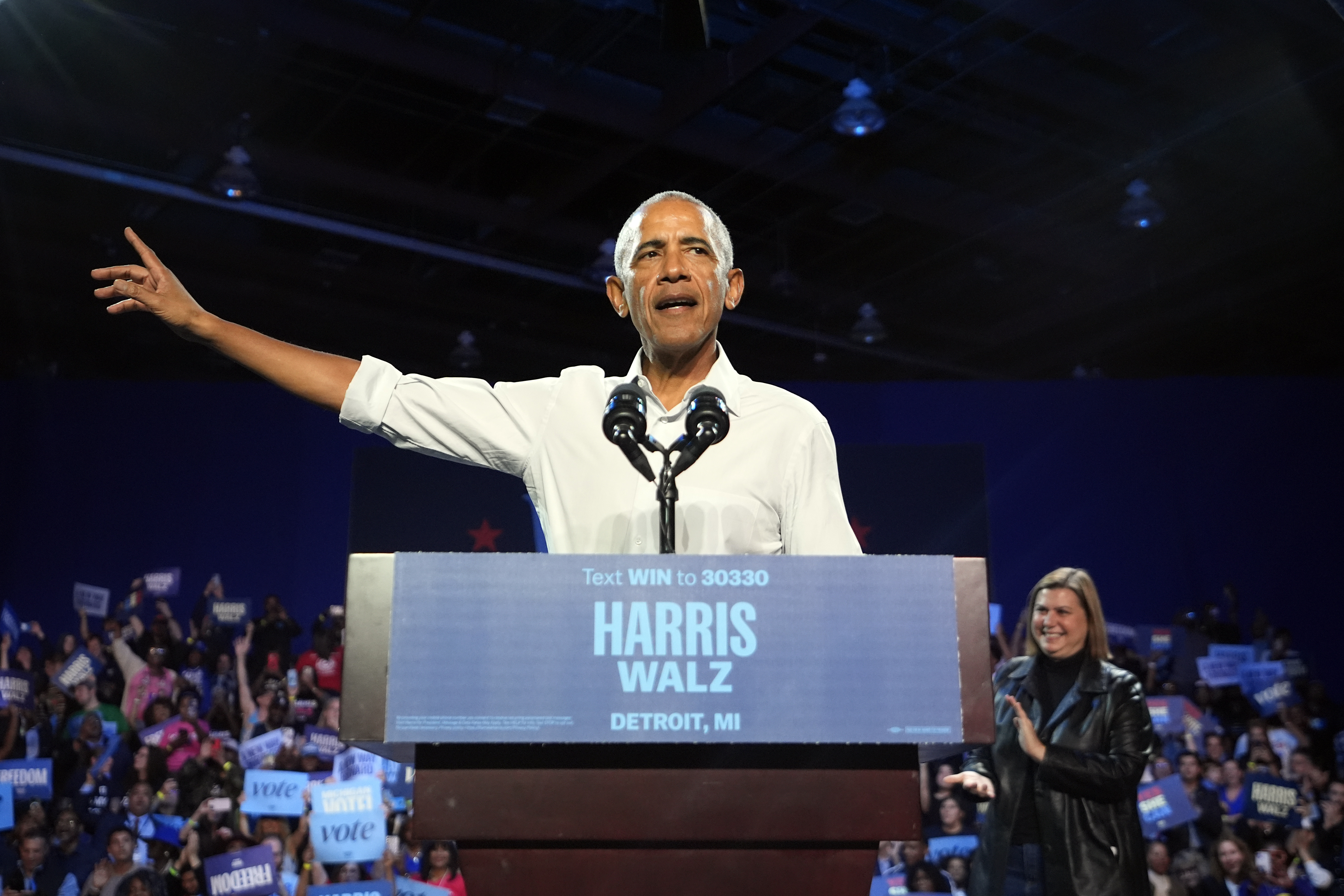 Former President Barack Obama speaks at a campaign rally supporting Democratic presidential nominee Vice President Kamala Harris, Tuesday, Oct. 22, 2024, in Detroit. (AP Photo/Paul Sancya)