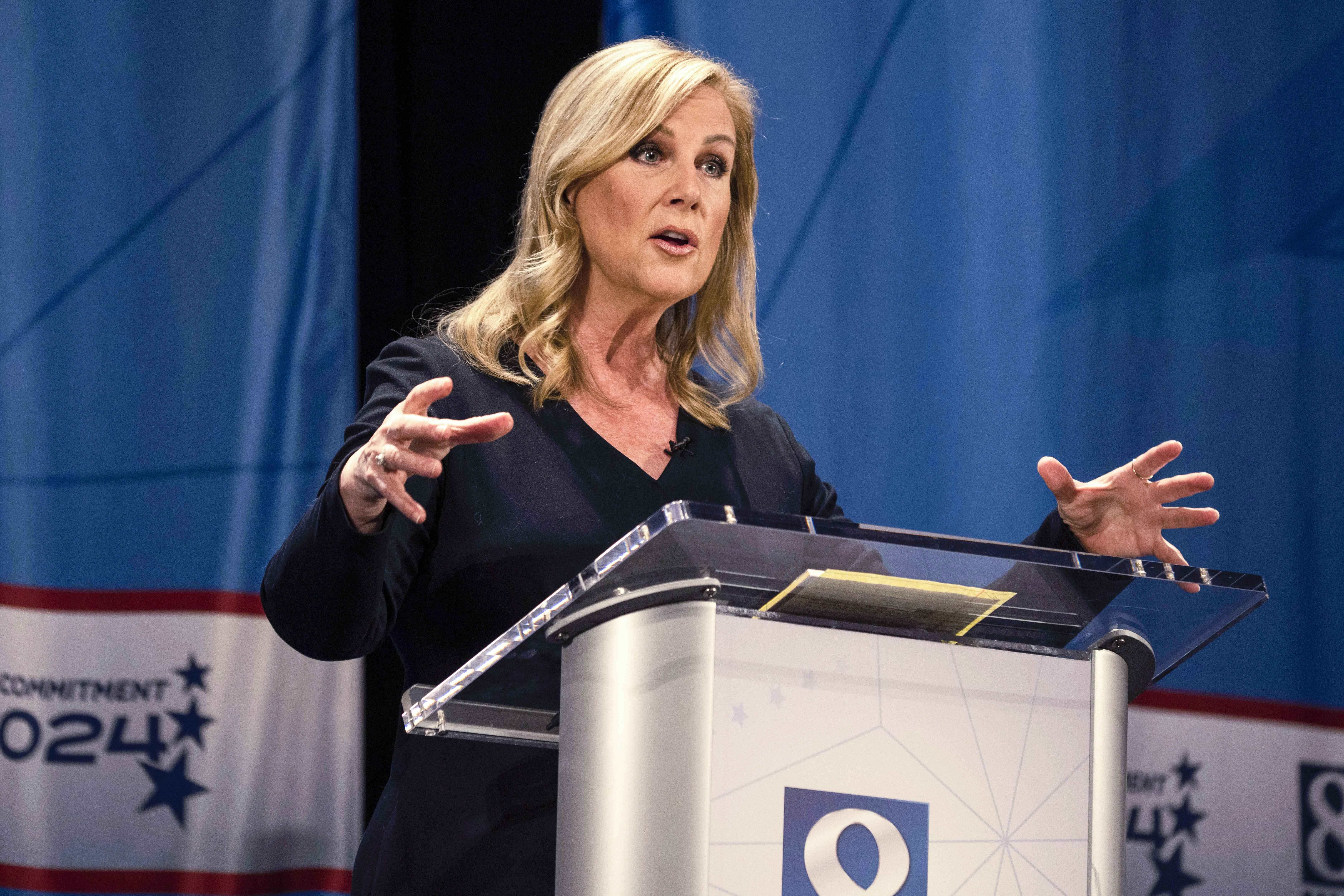 FILE - Janelle Stelson, a candidate for the Democratic nomination in Pennsylvania's 10th Congressional District, speaks during a debate, April 9, 2024, in York, Pa. (AP Photo/Joe Lamberti, File)