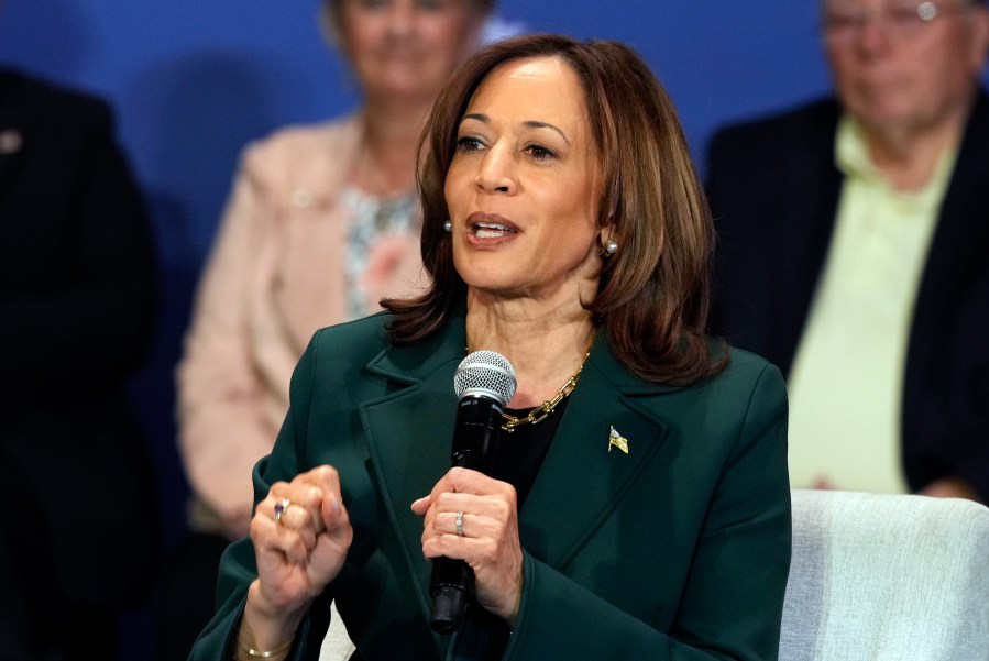 Democratic presidential nominee Vice President Kamala Harris speaks as she attends a campaign event with former Rep. Liz Cheney, R-Wyo., Monday, Oct. 21, 2024, in Brookfield, Wis. (AP Photo/Morry Gash)