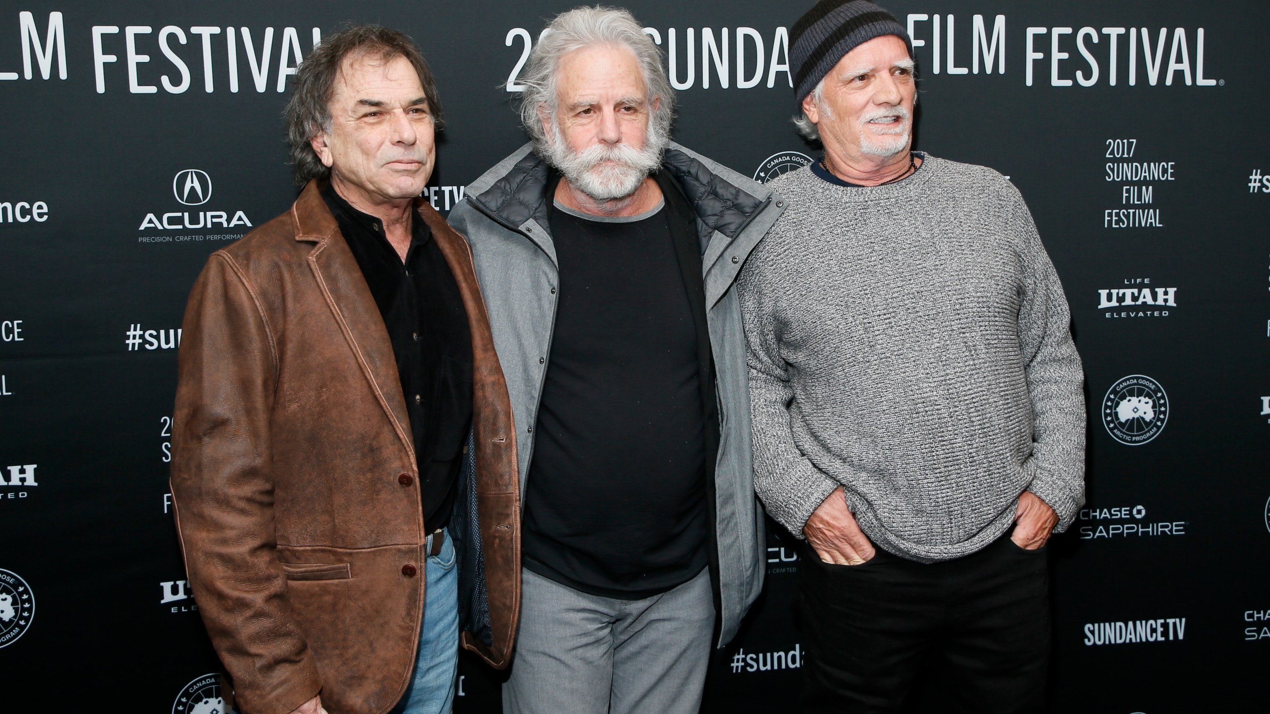 FILE - Mickey Hart, from left, Bob Weir, and Bill Kreutzmann pose at the premiere of "Long Strange Trip," a documentary about the Grateful Dead rock group, during the 2017 Sundance Film Festival on Monday, Jan. 23, 2017, in Park City, Utah. (Photo by Danny Moloshok/Invision/AP, File)