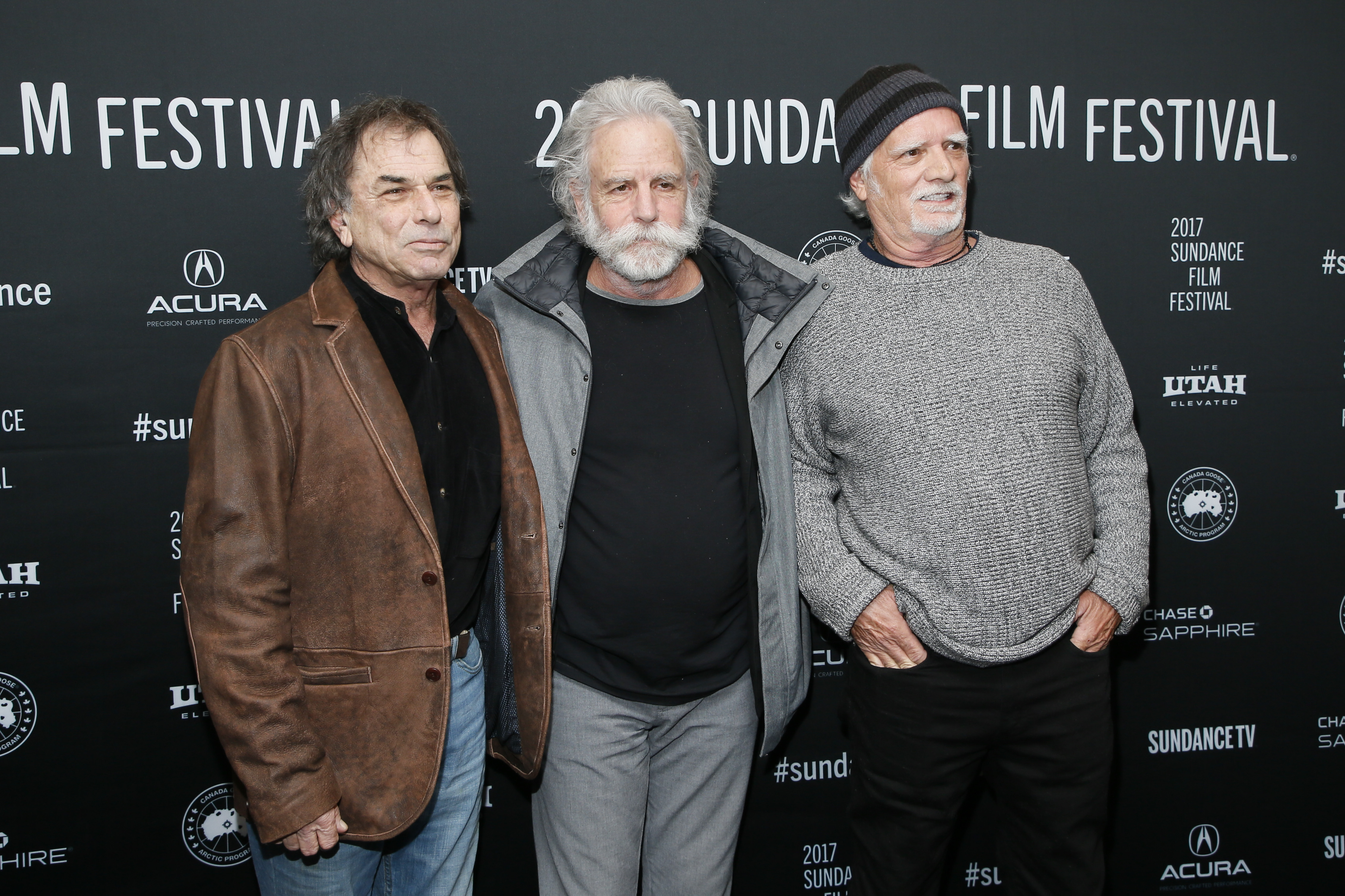 FILE - Mickey Hart, from left, Bob Weir, and Bill Kreutzmann pose at the premiere of "Long Strange Trip," a documentary about the Grateful Dead rock group, during the 2017 Sundance Film Festival on Monday, Jan. 23, 2017, in Park City, Utah. (Photo by Danny Moloshok/Invision/AP, File)