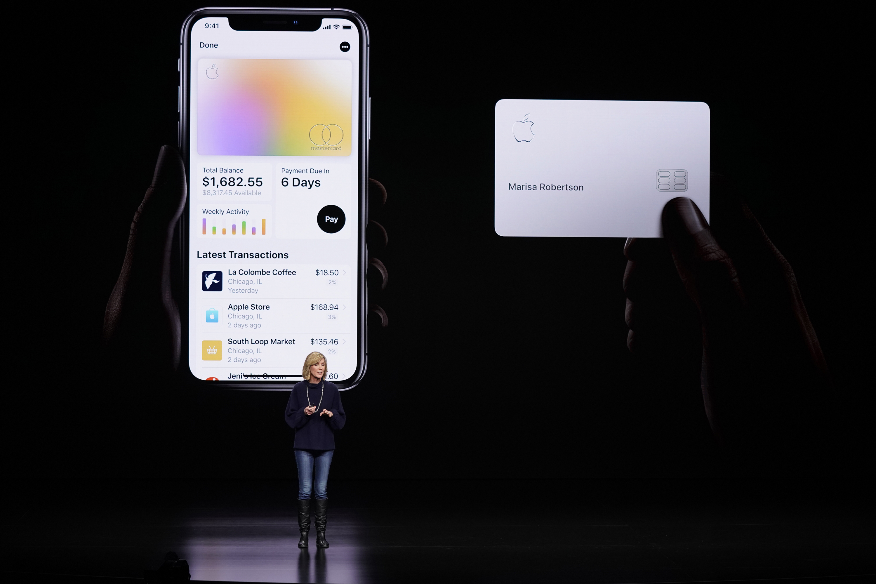 FILE - In this March 25, 2019, file photo, Jennifer Bailey, vice president of Apple Pay, speaks about the Apple Card at the Steve Jobs Theater in Cupertino, Calif. (AP Photo/Tony Avelar, File)