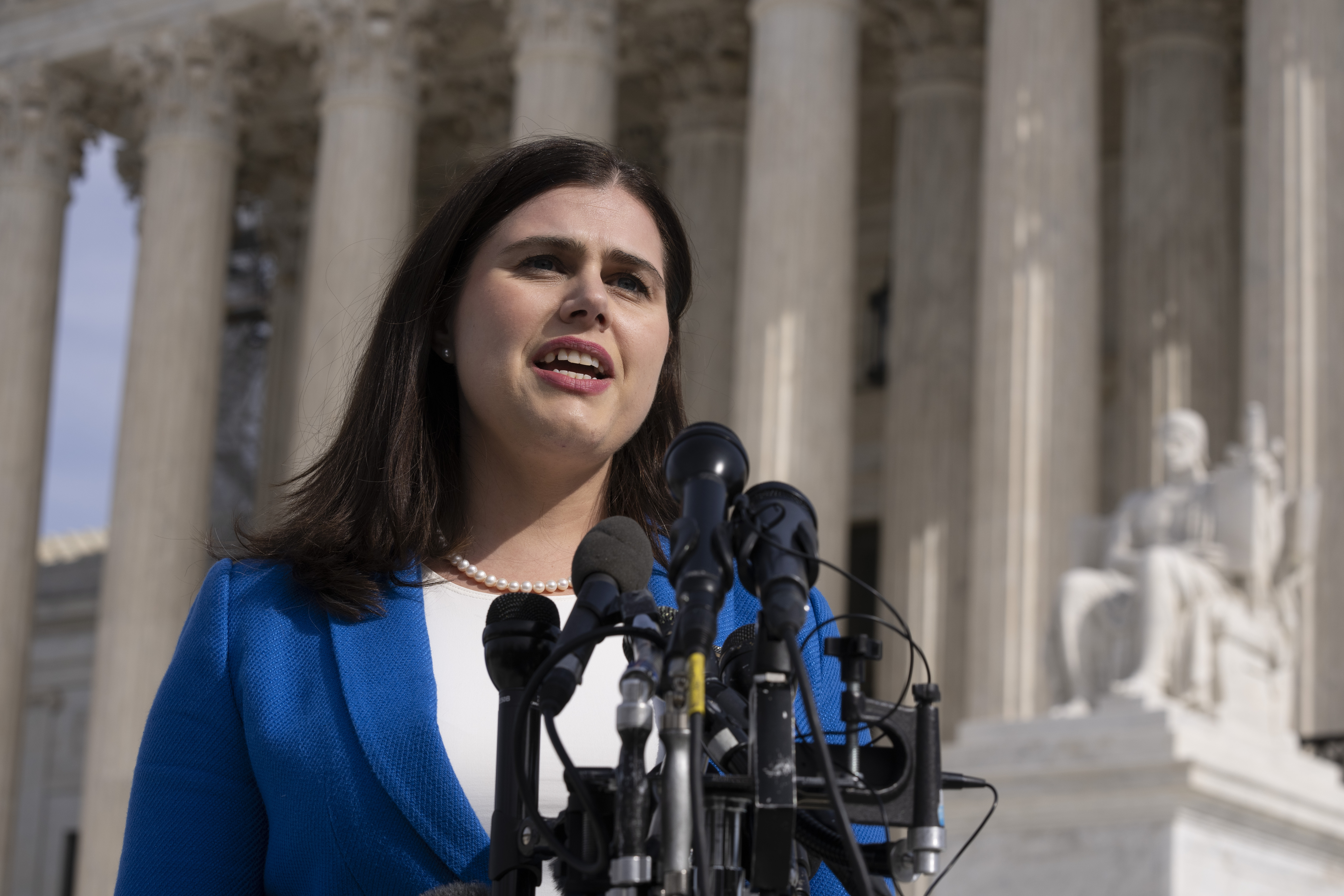 FILE - Colorado Secretary of State Jena Griswold speaks in front of the U.S. Supreme Court, Feb. 8, 2024, in Washington. (AP Photo/Manuel Balce Ceneta, File)