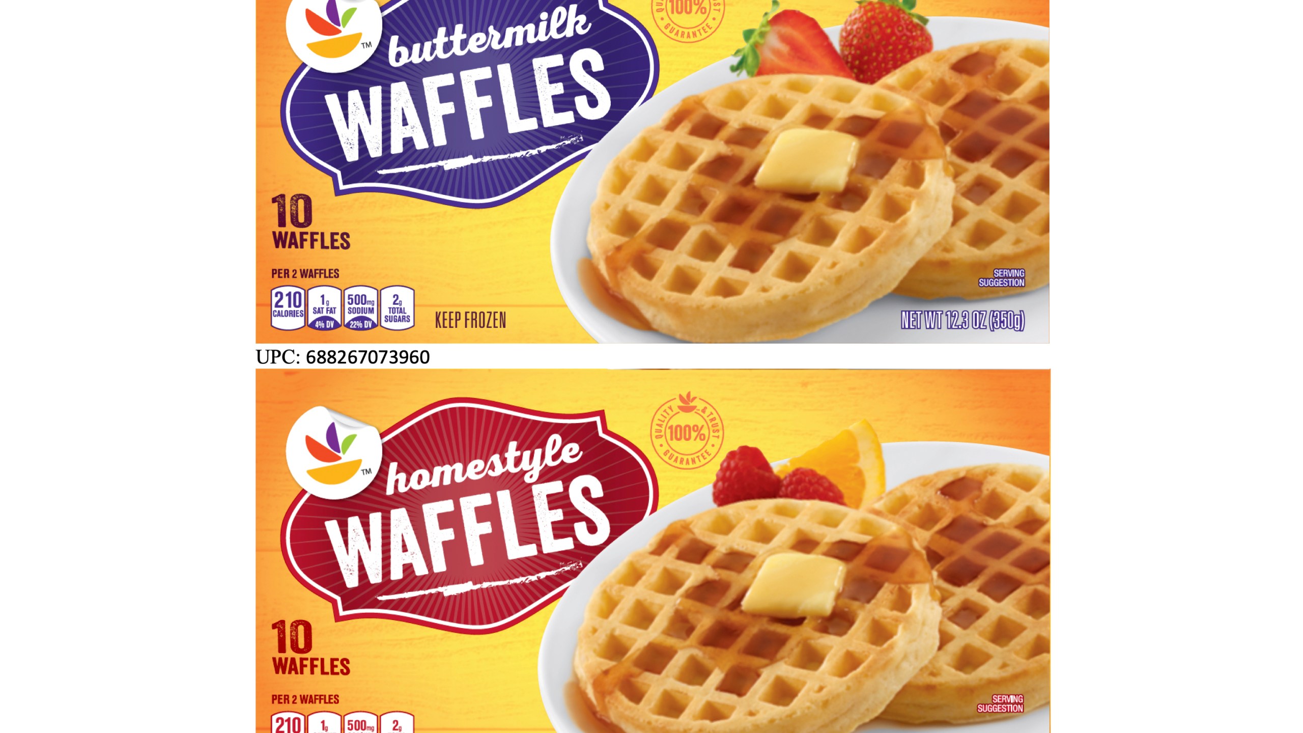 This image provided by TreeHouse Foods, Inc., shows the packaging of two styles of waffles, among hundreds of brands of frozen waffles, that are part of a voluntary recall because the products could be contaminated with dangerous listeria bacteria, the manufacturer, TreeHouse Foods, Inc.,, said Tuesday. (TreeHouse Foods, Inc. via AP)